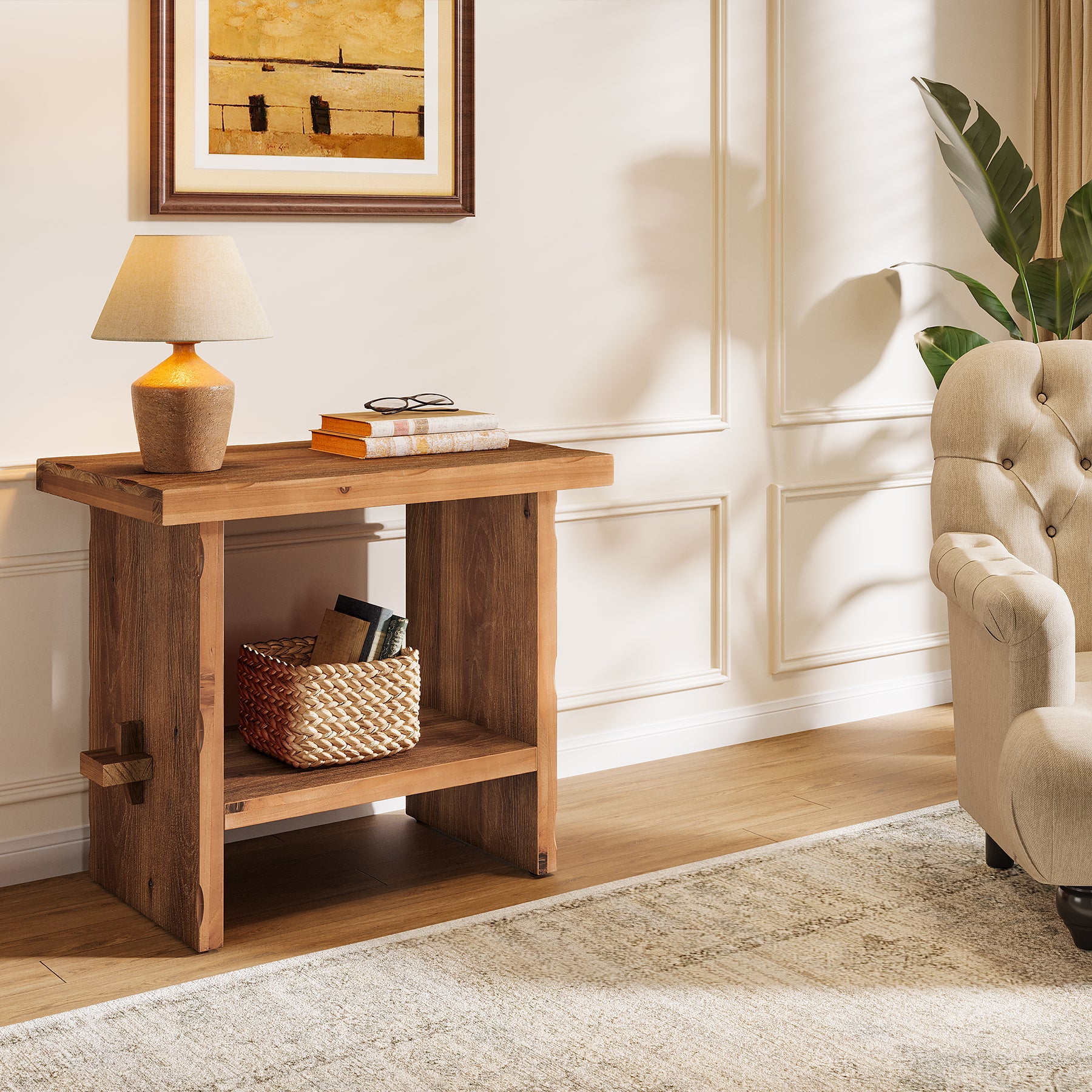 23.62-Inch Solid Wood Nightstand with Storage, Farmhouse Bedside Table with Wooden Base for Bedroom