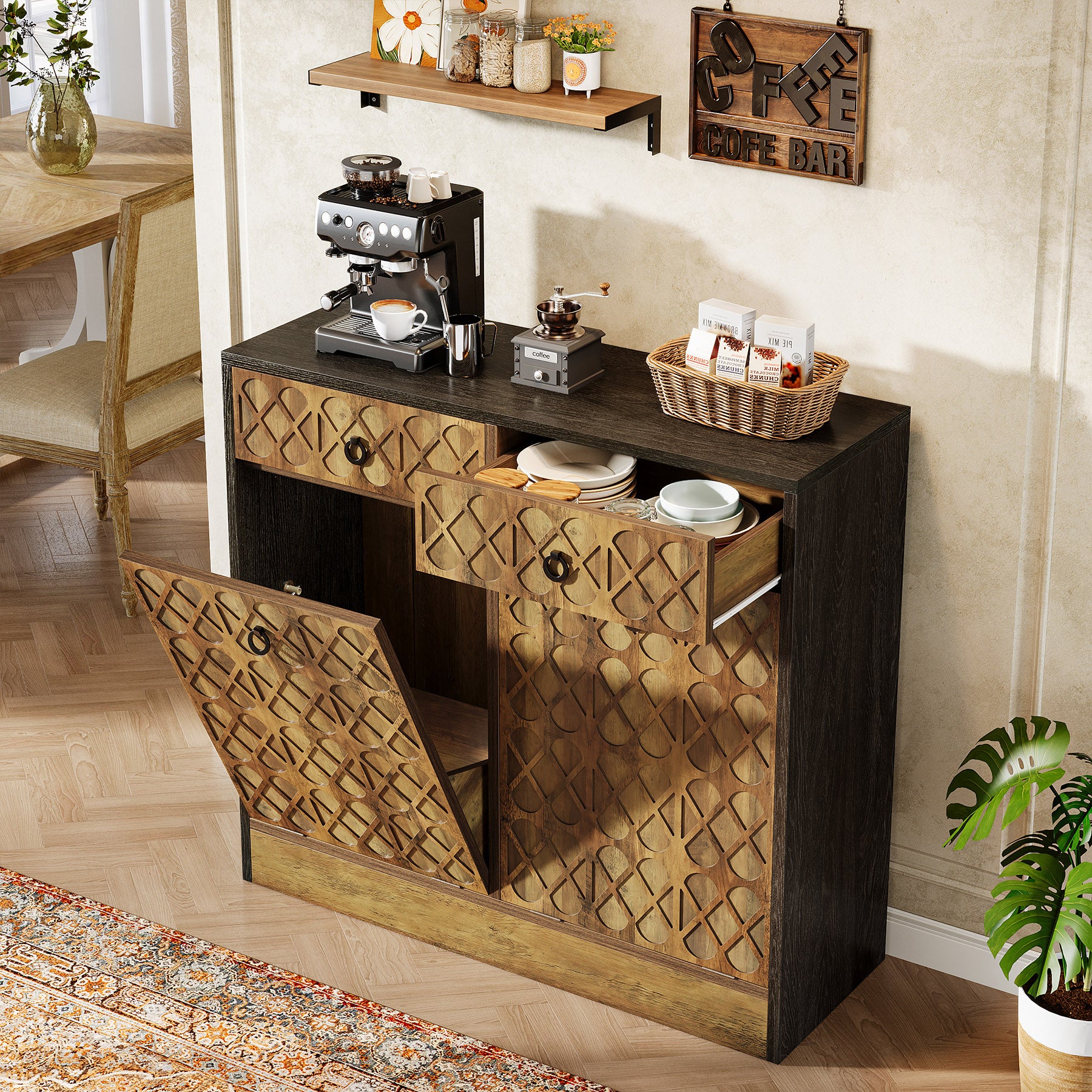 Tilt Out Trash Can Cabinet, 10 Gallon Laundry Sorter Cabinet with 2 Drawers