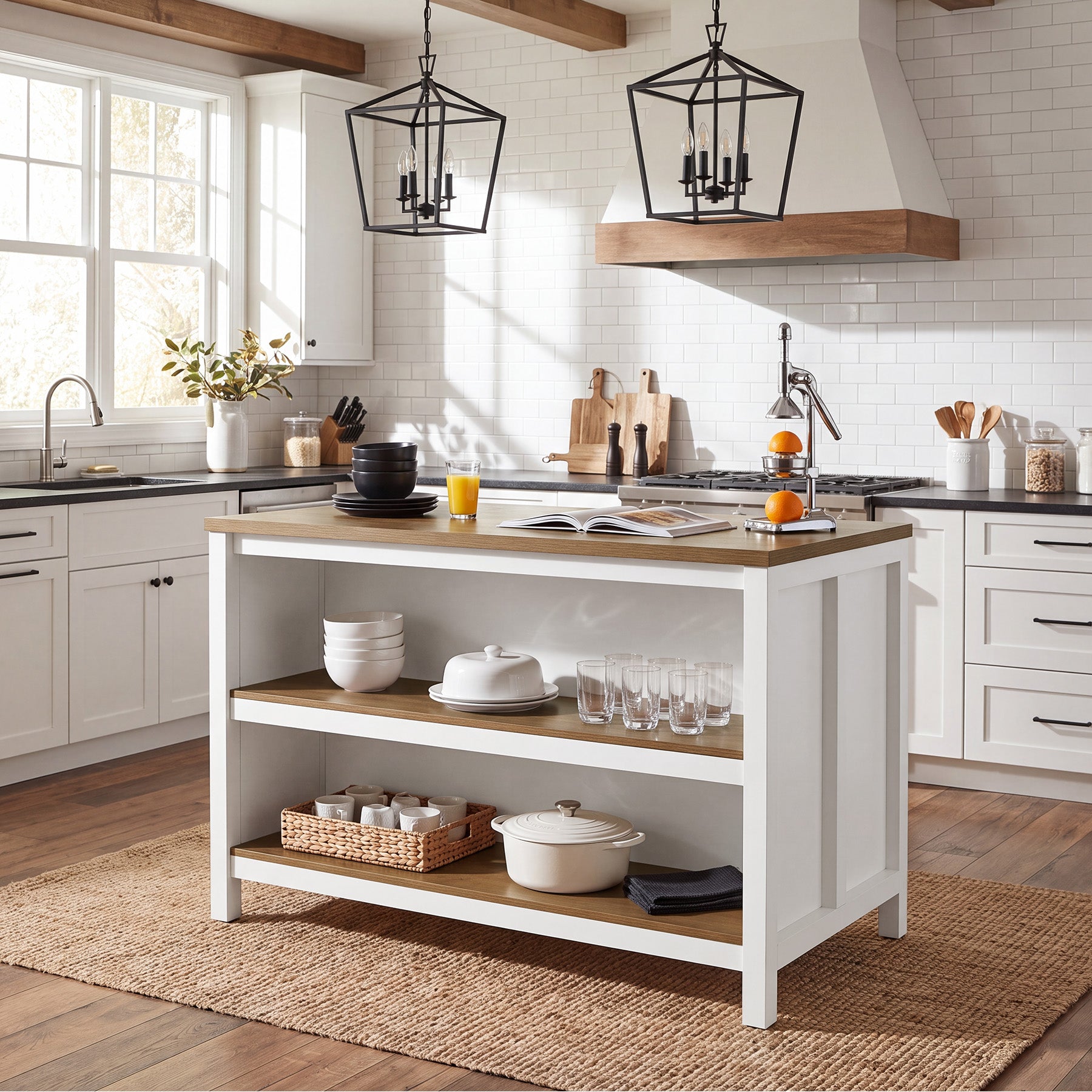 47" Kitchen Island, 2-Tier Farmhouse Wooden Stationary Island Table with Large Worktop