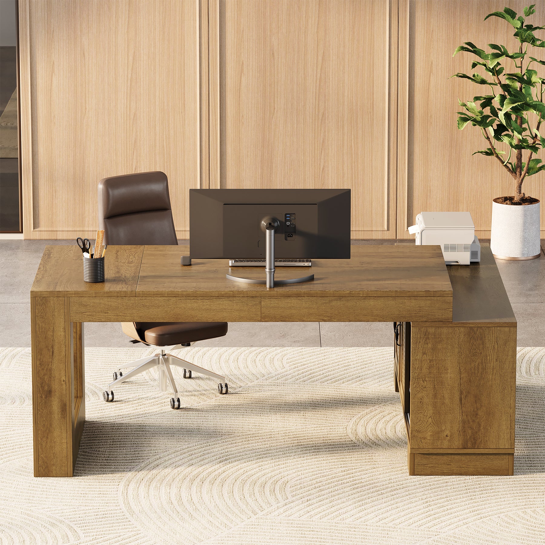 63" Computer Desk, L-shaped Executive Desk with Storage Cabinets