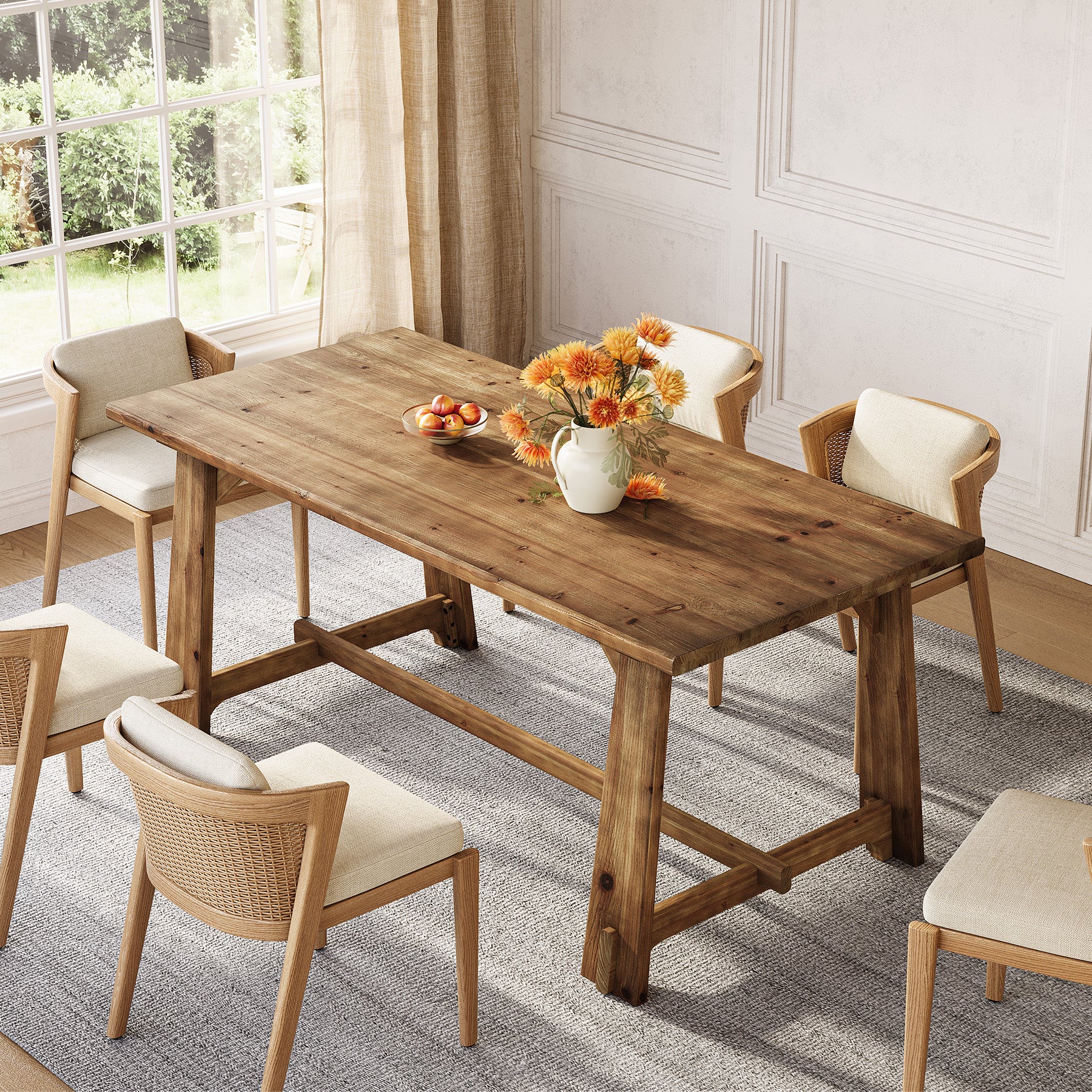 63" Solid Wood Dining Table for 4-6 People, Rustic Farmhouse Kitchen & Dining Room Table