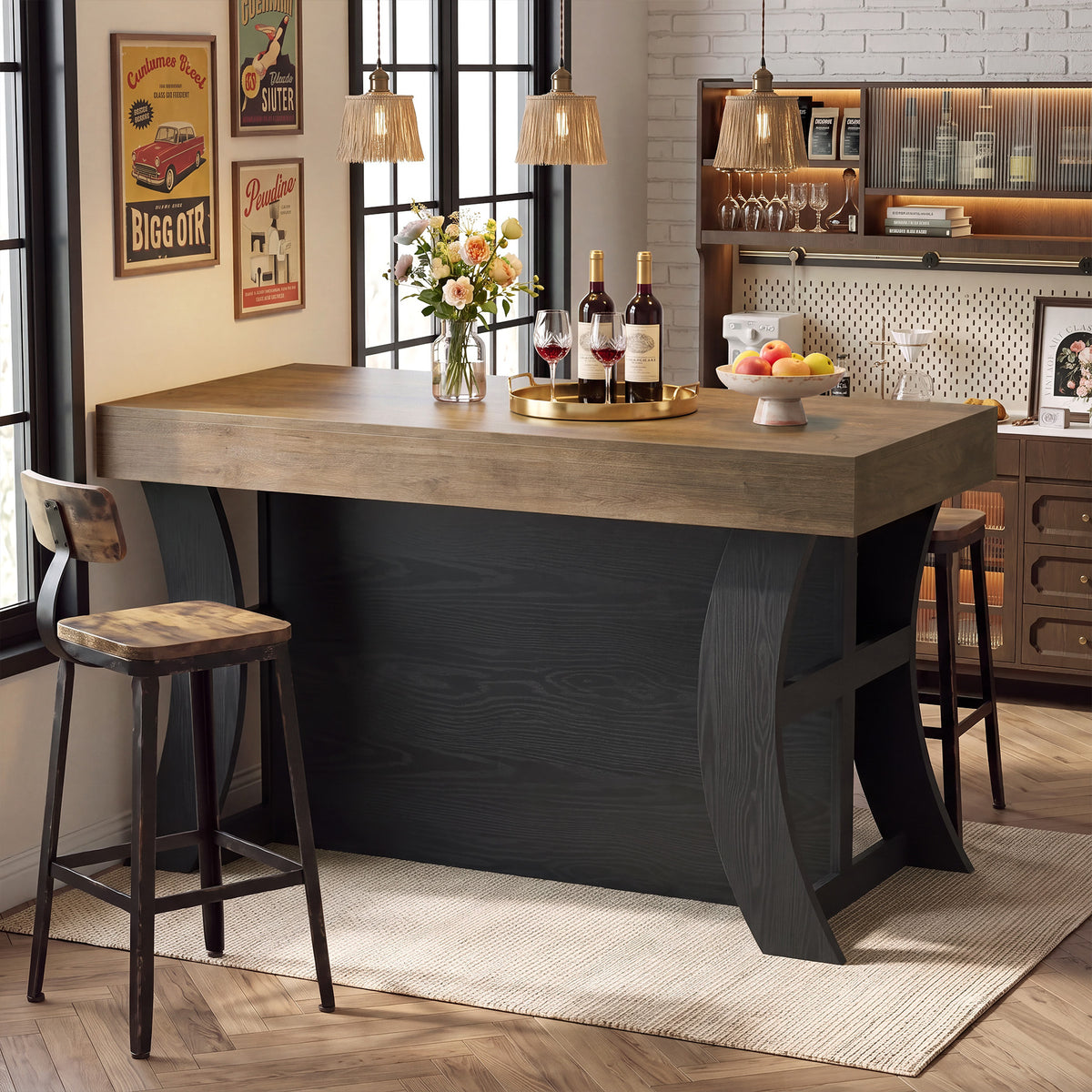 55" Farmhouse Kitchen Island with Storage & Seating Space, Stationary Island Table