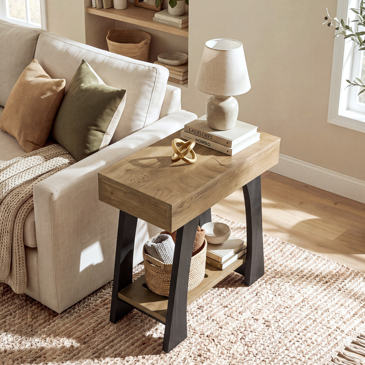 2-Tier Narrow Side Table, Slim End Table for Small Spaces, Living Room