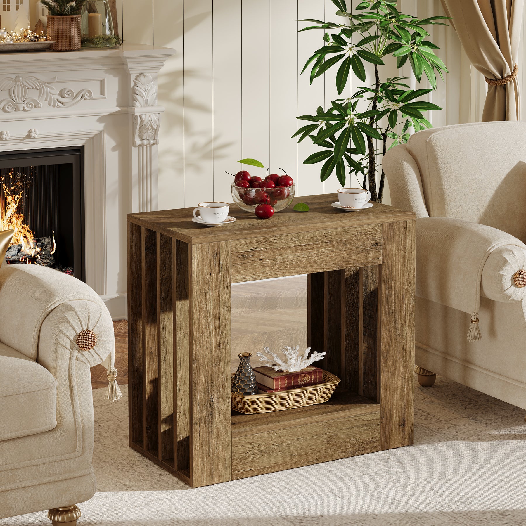 23.62" Farmhouse Narrow End Table, Rustic Square Nightstand with Storage Shelf