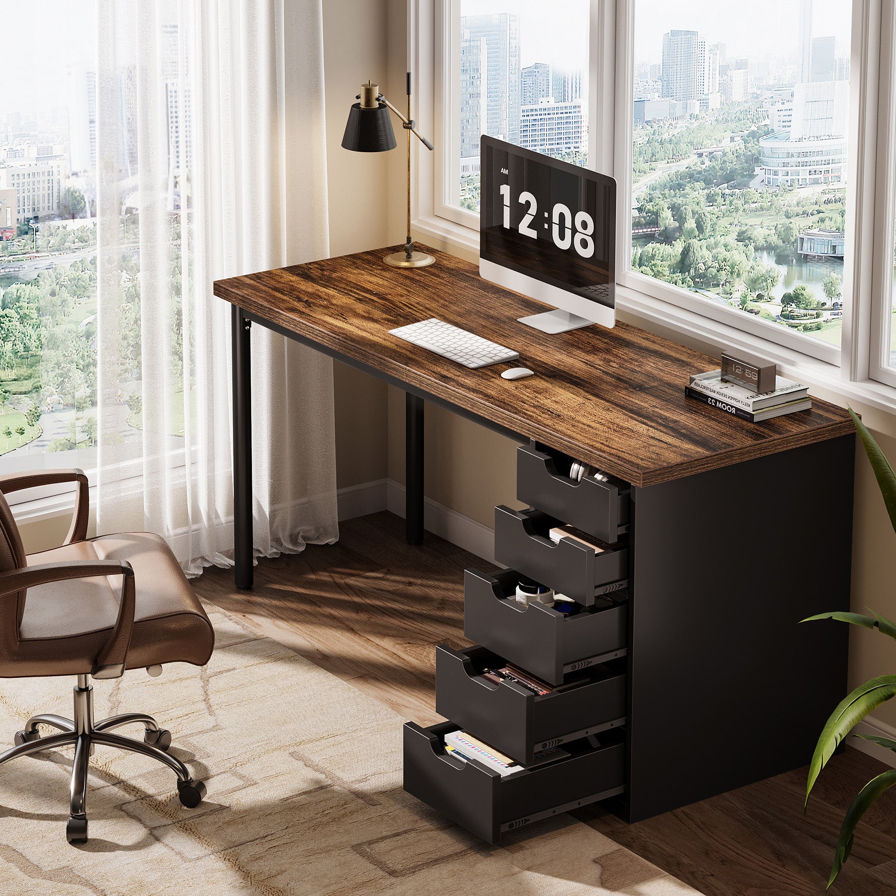 Tribesigns 47" Computer Desk with 5 Reversible Drawers, Rustic Home Office Workstation