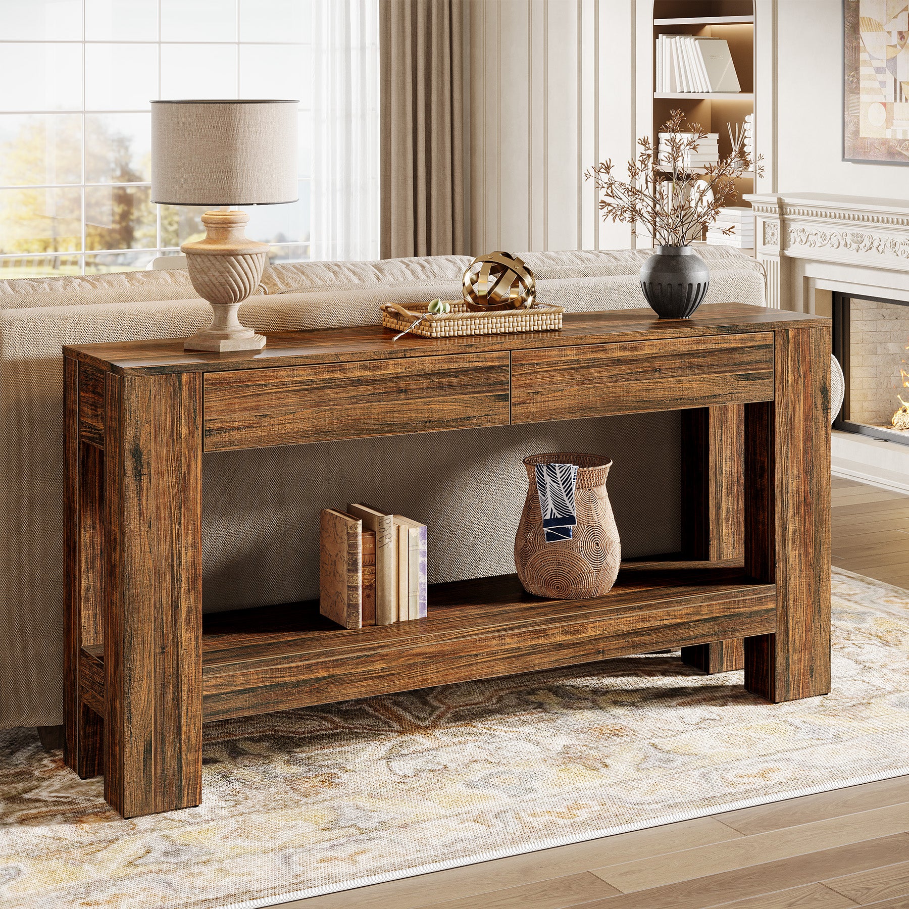 63" Console Table, Farmhouse Wooden Sofa Entryway Table with 2 Drawers