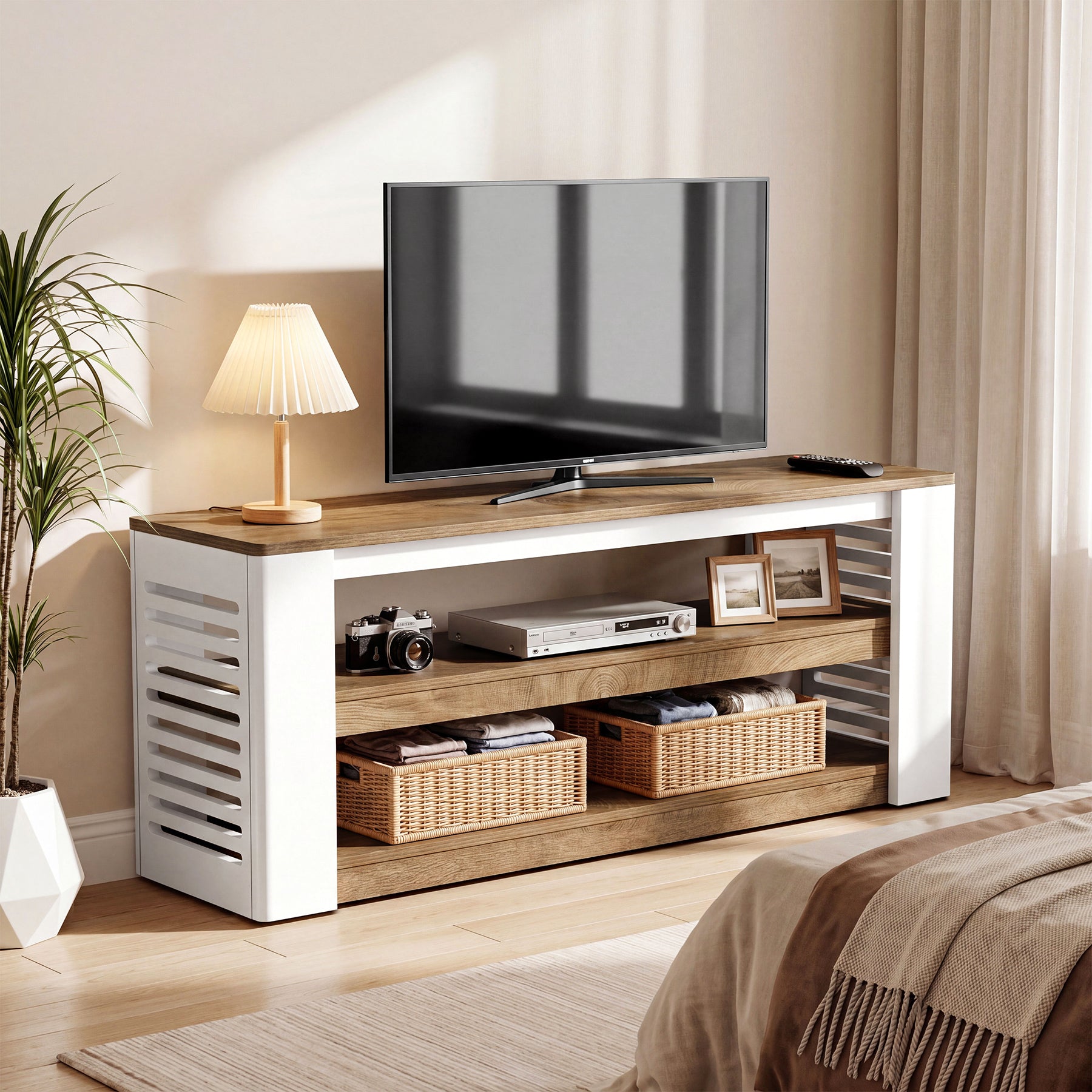63" Farmhouse TV Stand, Entertainment Center with 3-Tier Storage Shelves for 75" TV