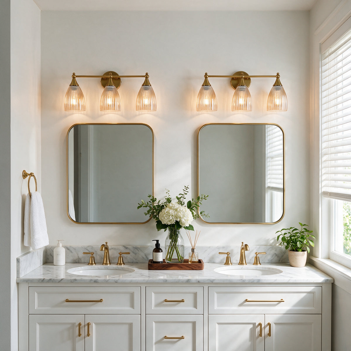 3-Light 22" Bathroom Vanity Light, Brushed Brass Wall Sconce with Amber Glass