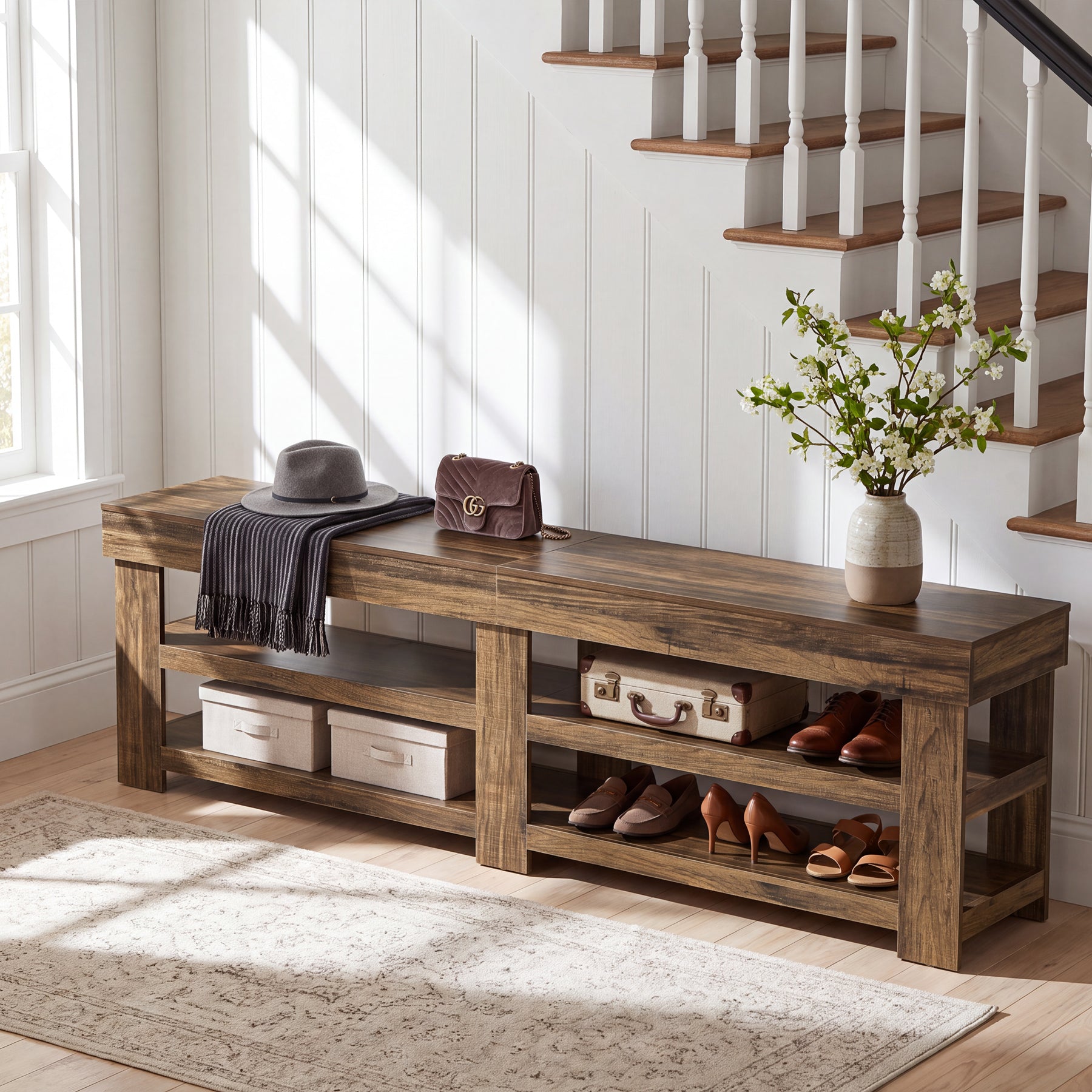 79" Extra Long Entryway Bench with Shoe Storage, Farmhouse Wood Shoe Bench
