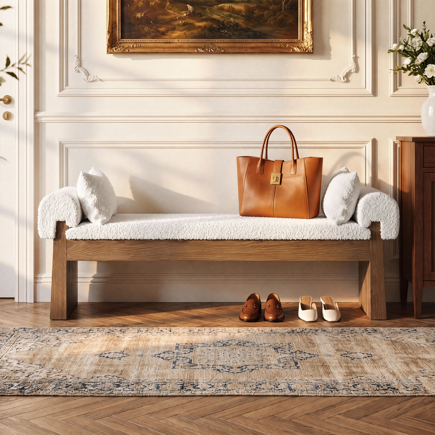 Solid Wood Cushioned Bench, Upholstered Entryway Bench End of Bed Bench