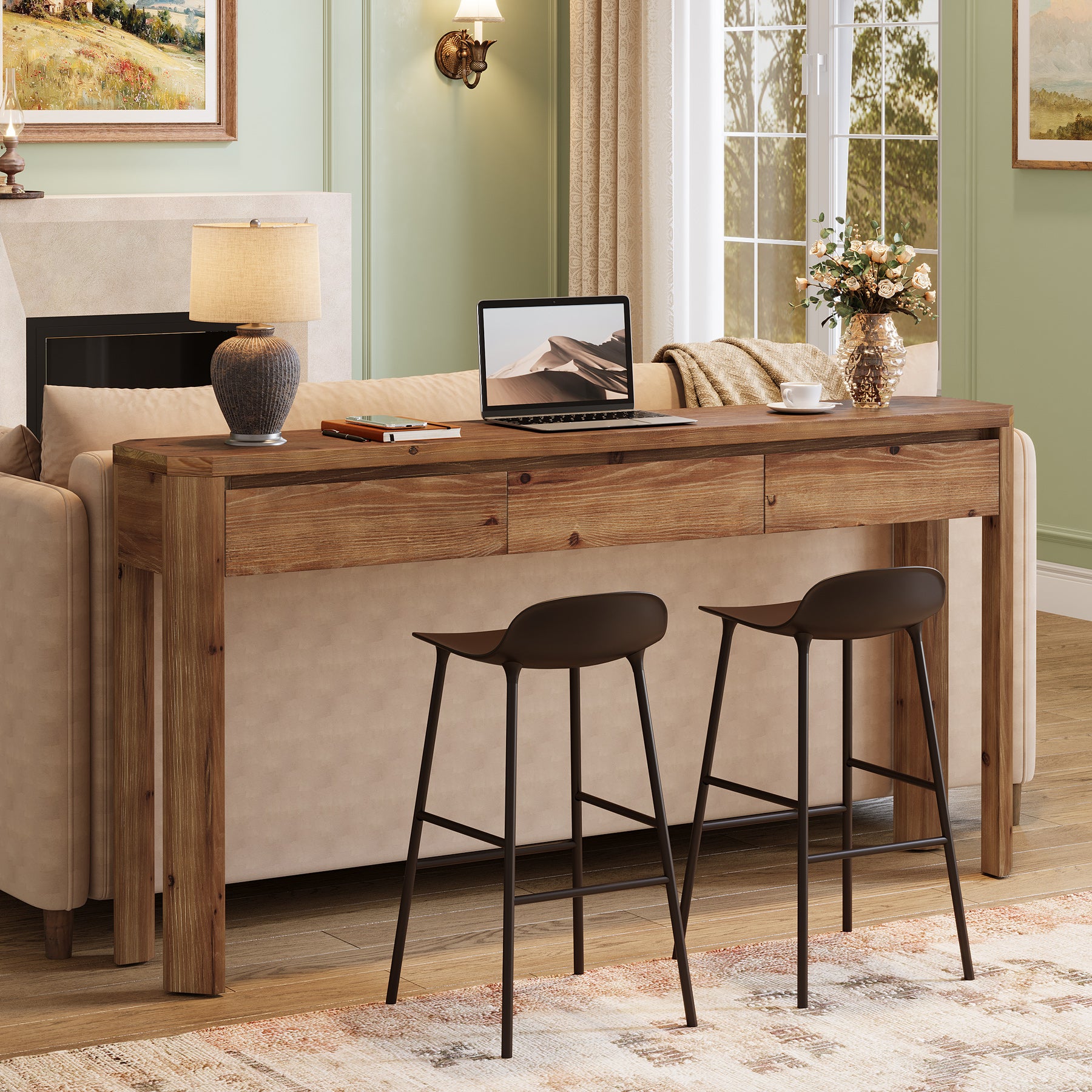 63" Solid Wood Console Table, Farmhouse Entryway Table with 3 Drawers