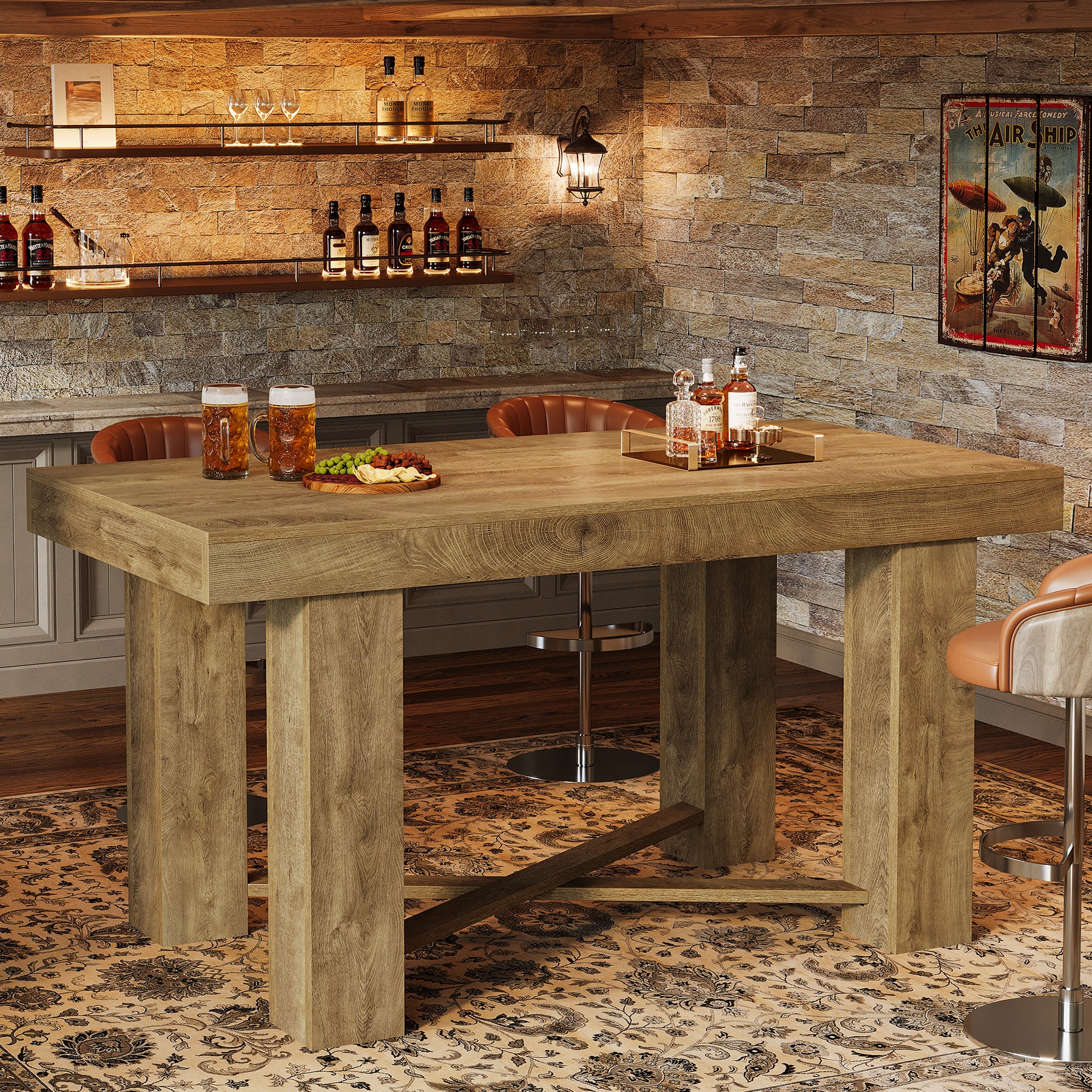 55 Inch Farmhouse Bar Table Counter Height, Rectangular Wooden Pub Table