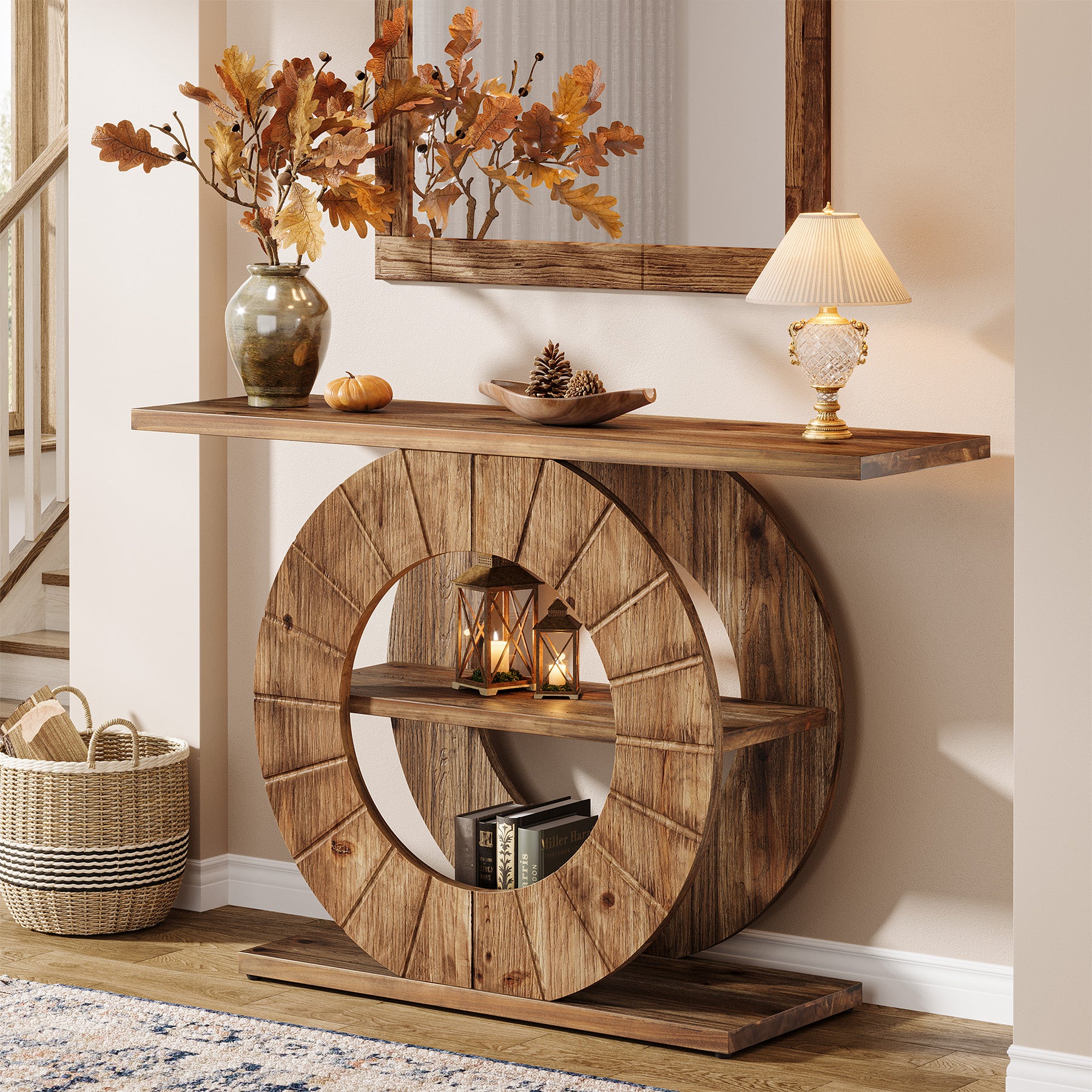 41" Solid Wood Farmhouse Console Table with 3-Tier Shelves, Narrow Sofa Table with Carved Circular Base