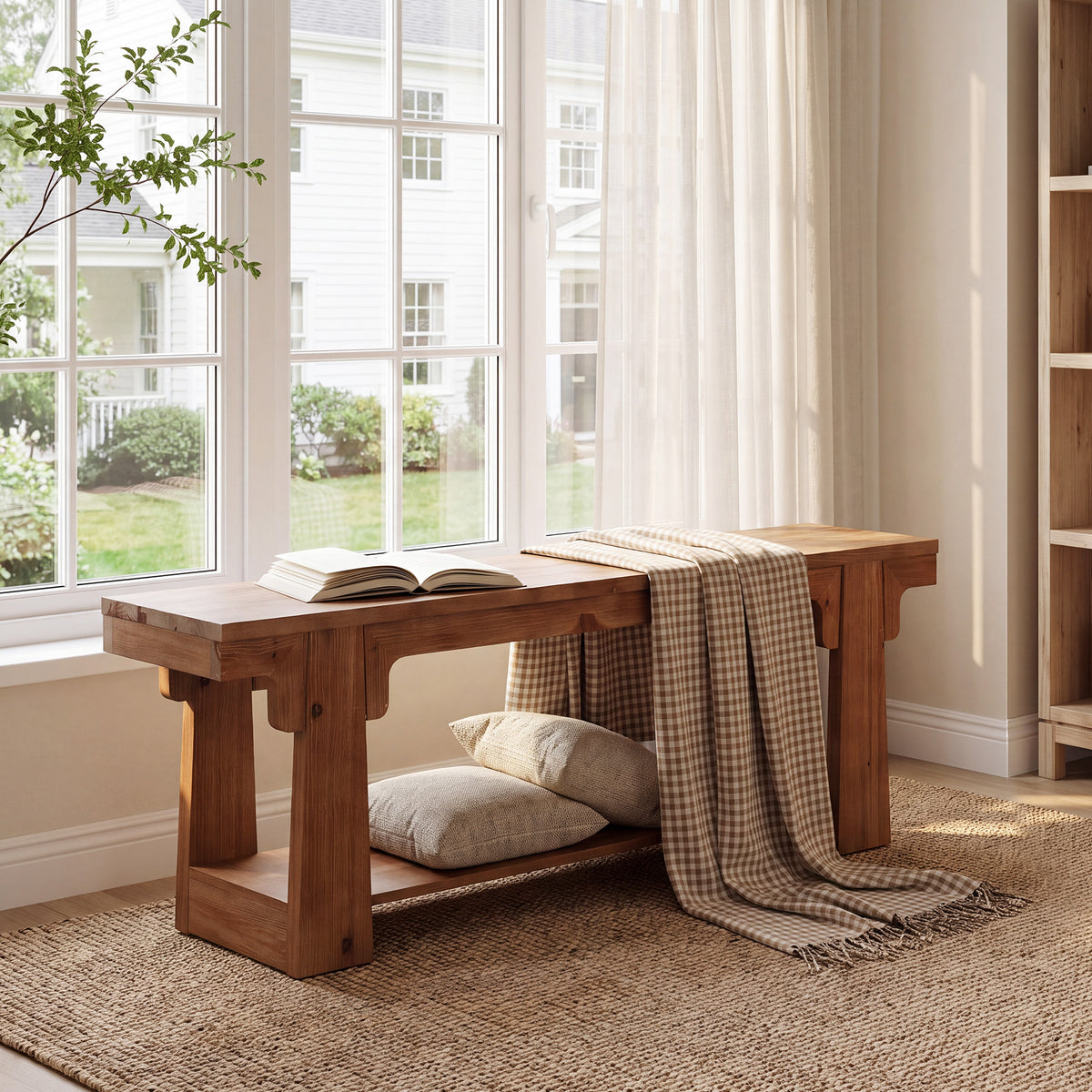 63" Natural Solid Wood Entryway Bench, 2-Tier Open Shoe Storage, Hallway