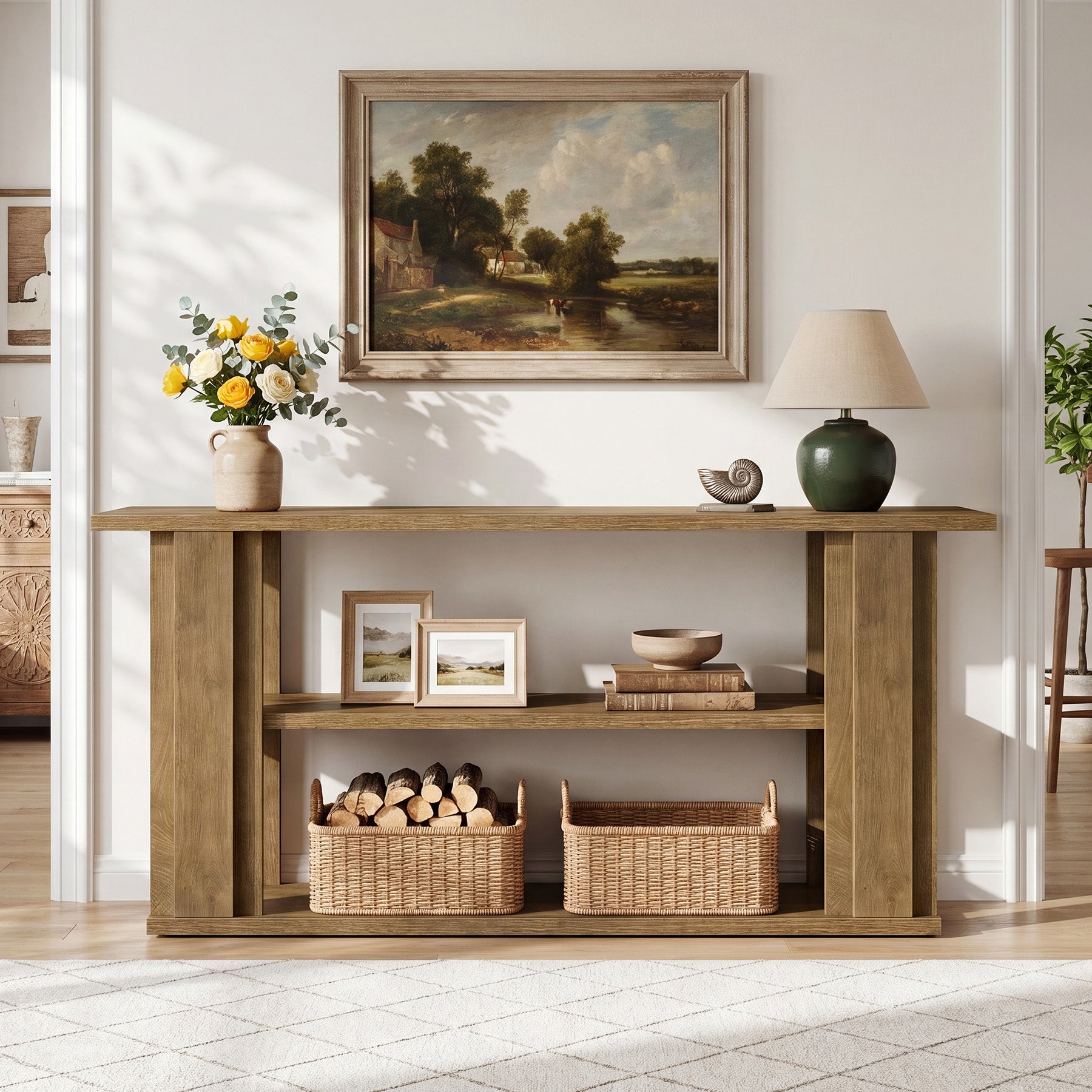 63" Farmhouse Console Table, Narrow Entryway Sofa Table with 3-Tier Storage Shelves