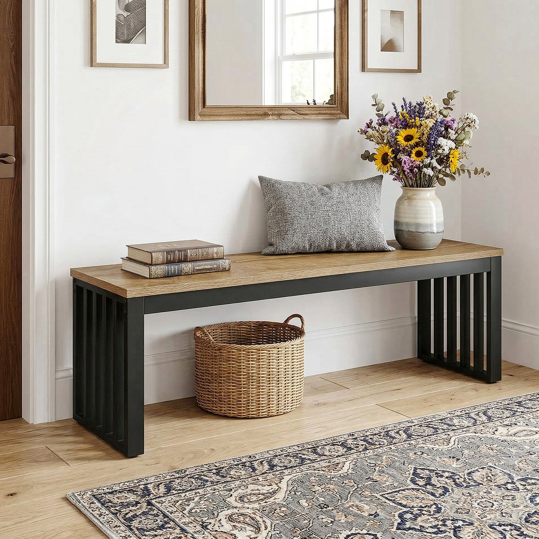 47.3" Entryway Bench, Wooden End of Bed Bench with Sturdy Metal Frame