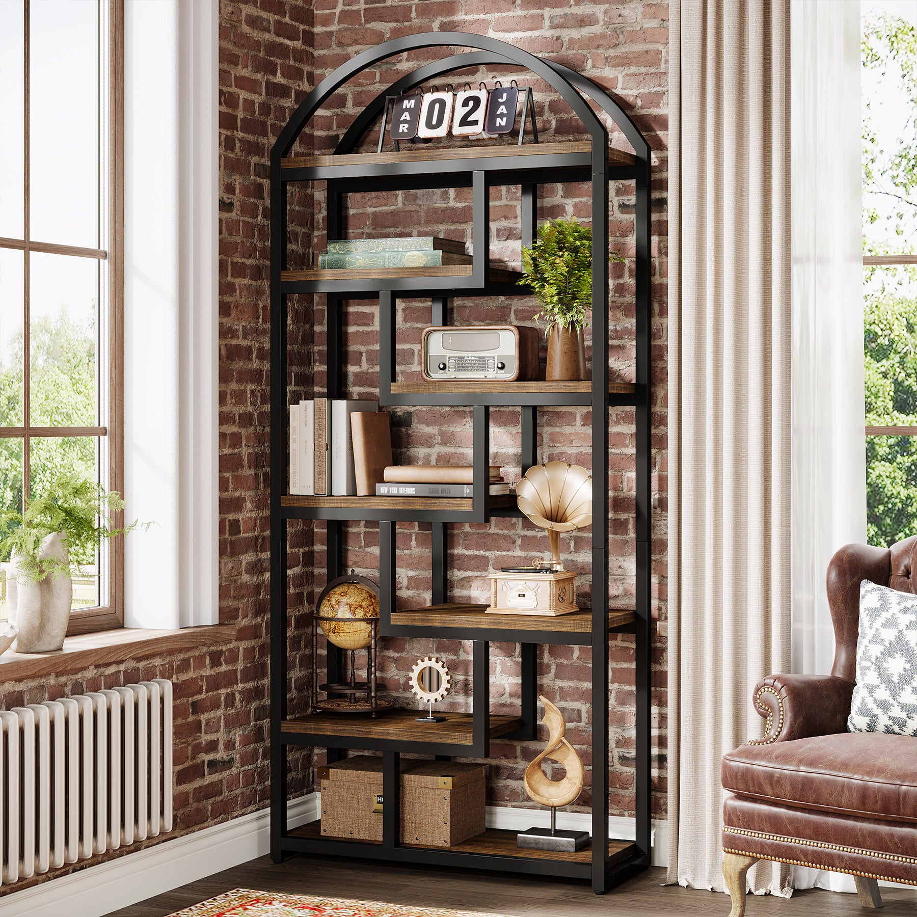 71" Industrial Bookshelf, Arched Bookcase with Open Display Shelves