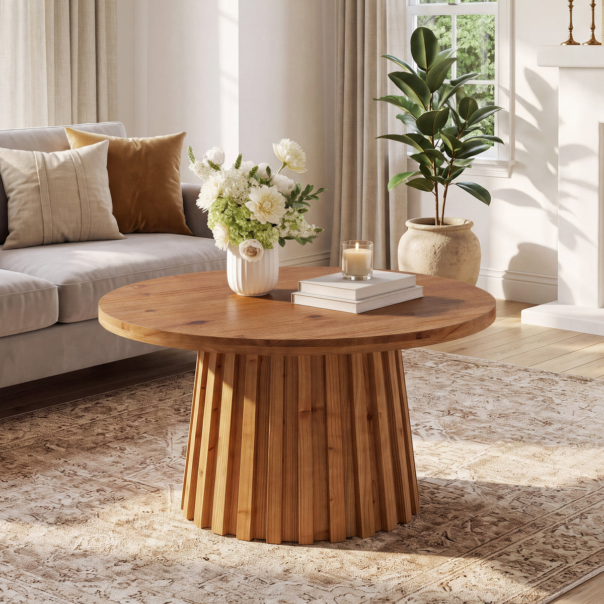 32" Round Fluted Coffee Table, Farmhouse Solid Wood Living Room, Circle Center Tea Table