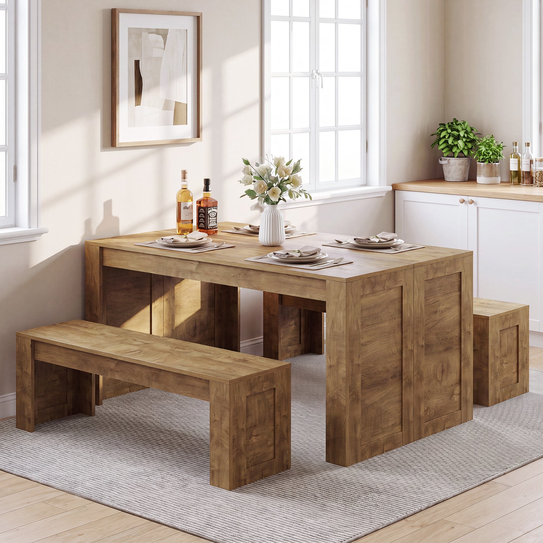55" Dining Table Set,  Wooden Kitchen Table for 4-6 with 2 Benches