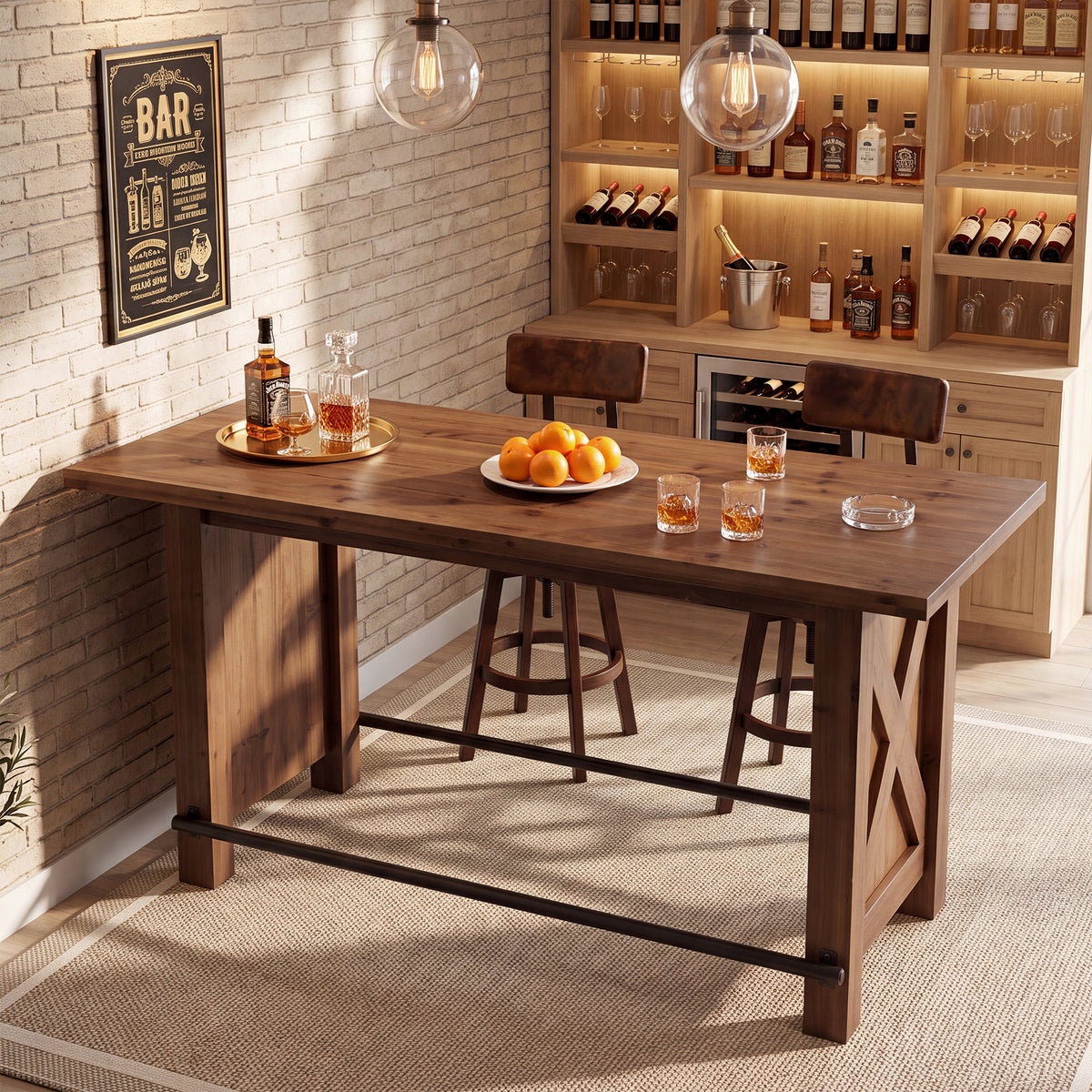 63" Farmhouse Solid Wood Kitchen Island with Metal Footrest, Counter Height Table