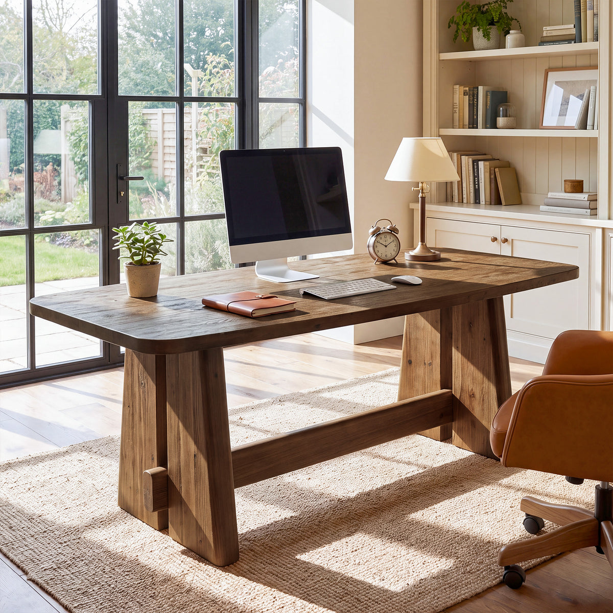 63" Farmhouse Solid Wood Executive Desk with Thick Tabletop, Home Office Desk