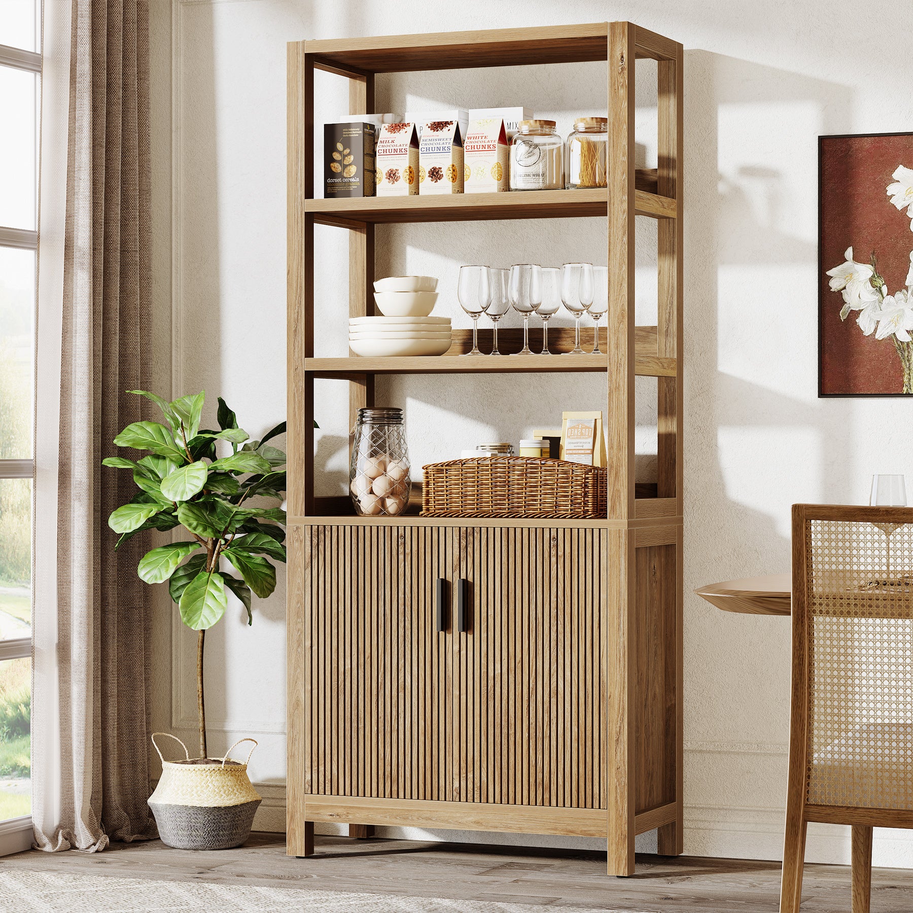 70.9" Bookcase, Wooden Bookshelf with 3-Tier Open Shelf and Door Cabinet