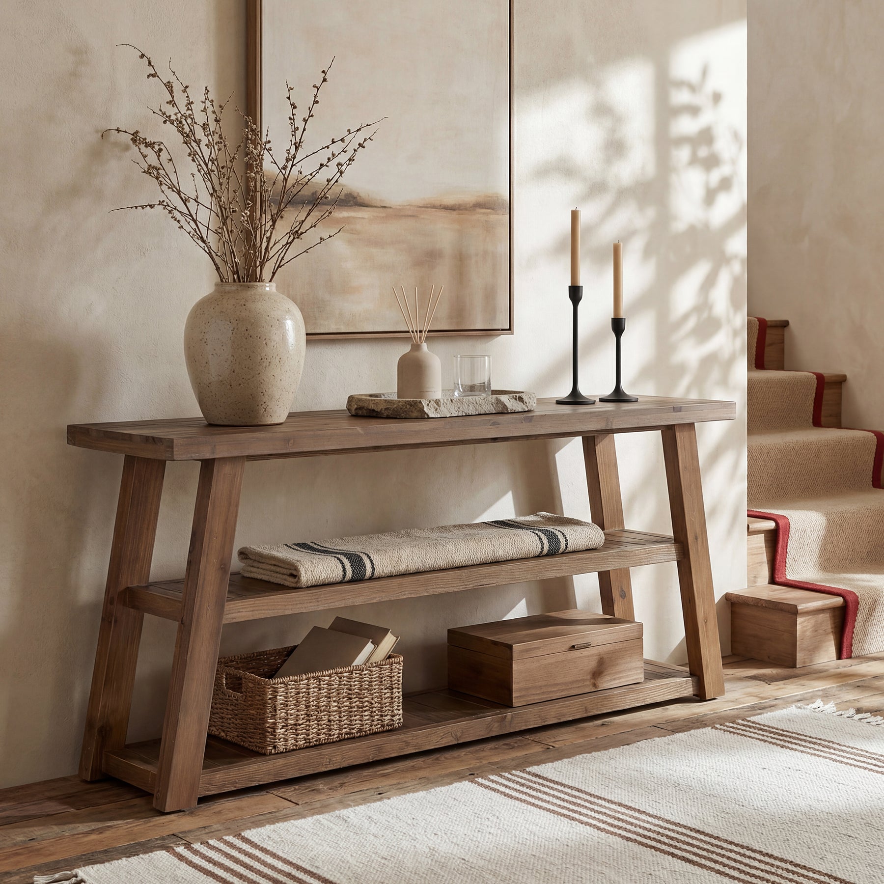 63" Solid Wood Entryway Bench with Storage, 3-Tier Shoe Bench with Open Shelves