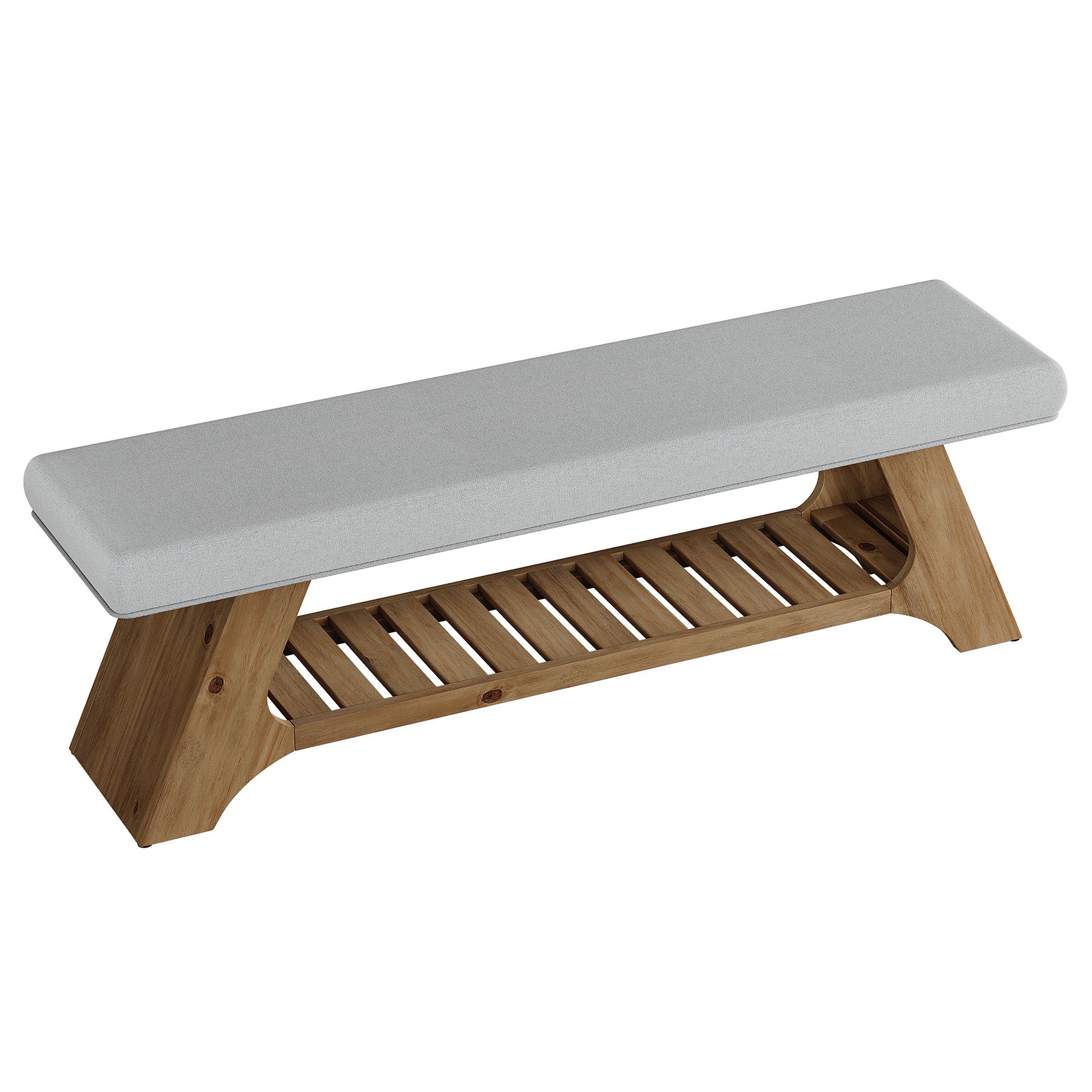 55" Solid Wood Upholstered Bench, 2-Tier Entryway Shoe Storage Bench