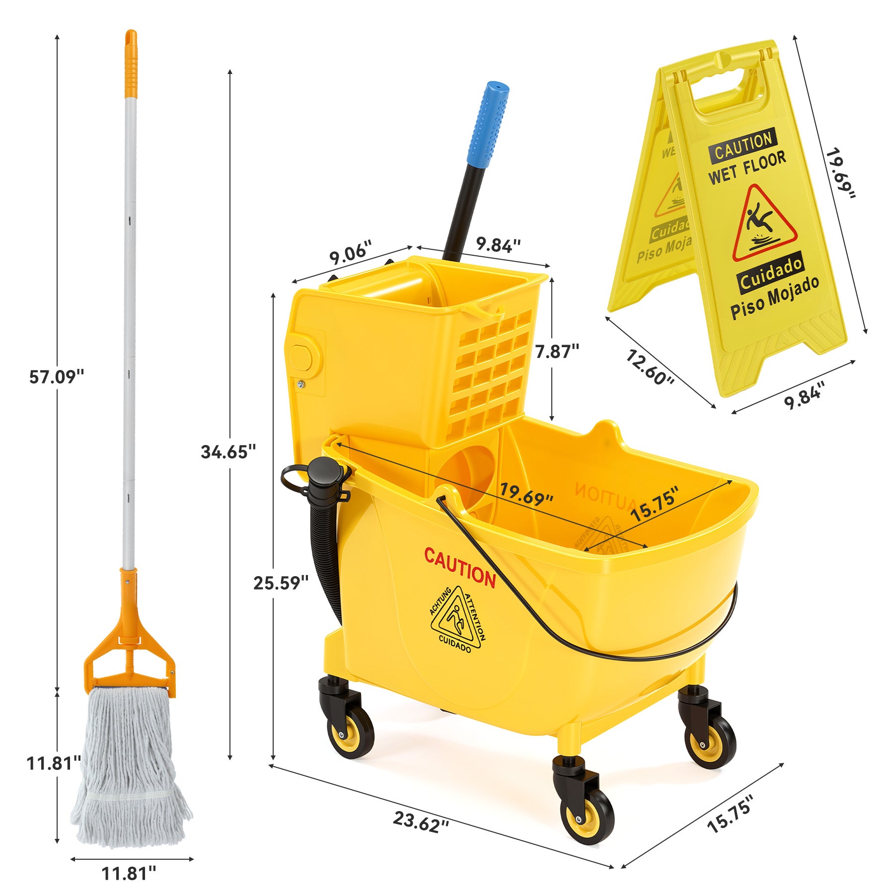 38 Qt Commercial Mop Bucket Set with Wringer, String Mop, Mop Head Refill, Gloves & Caution Sign