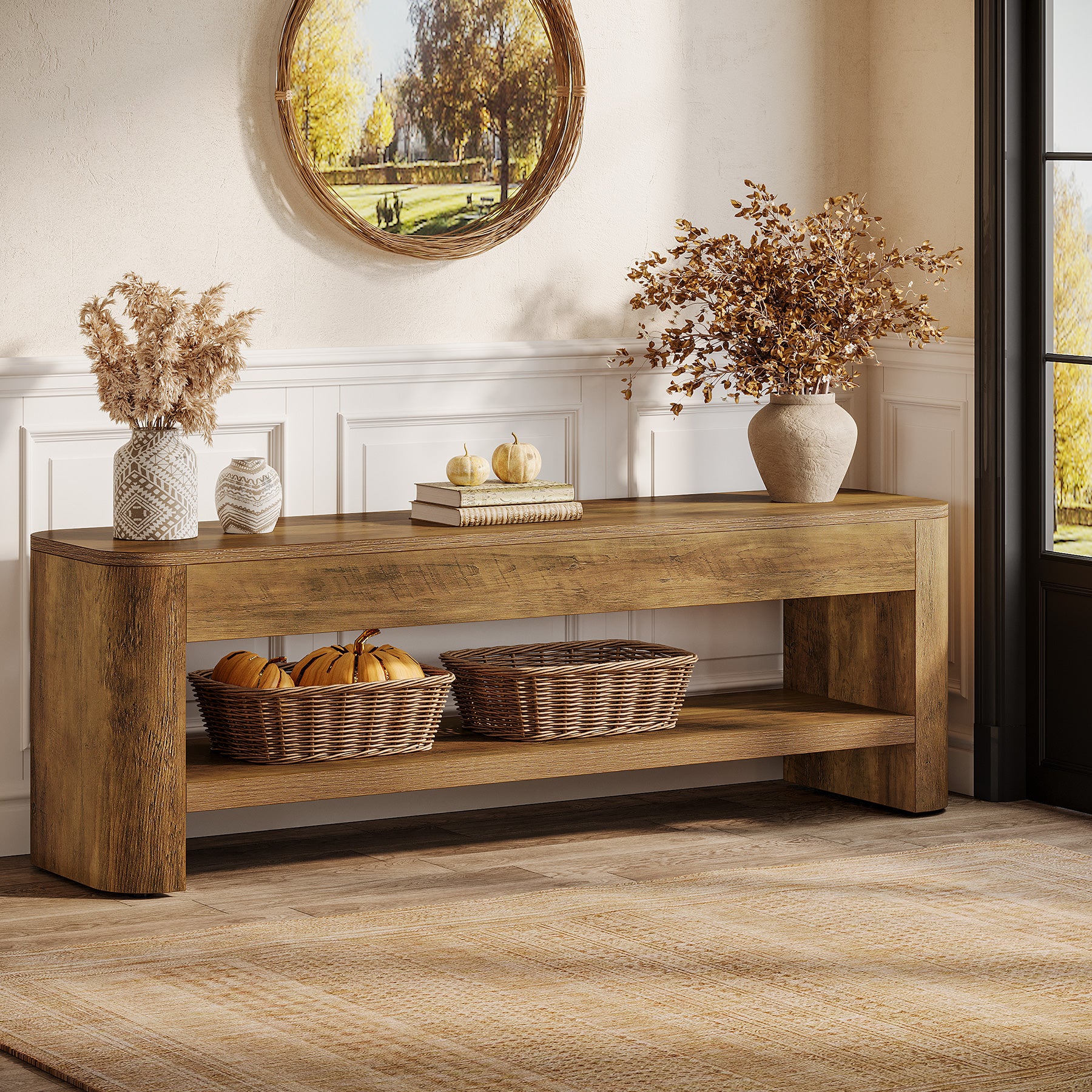 53" Farmhouse Entryway Bench, Narrow Indoor End of Bed Bench with Shoe Storage