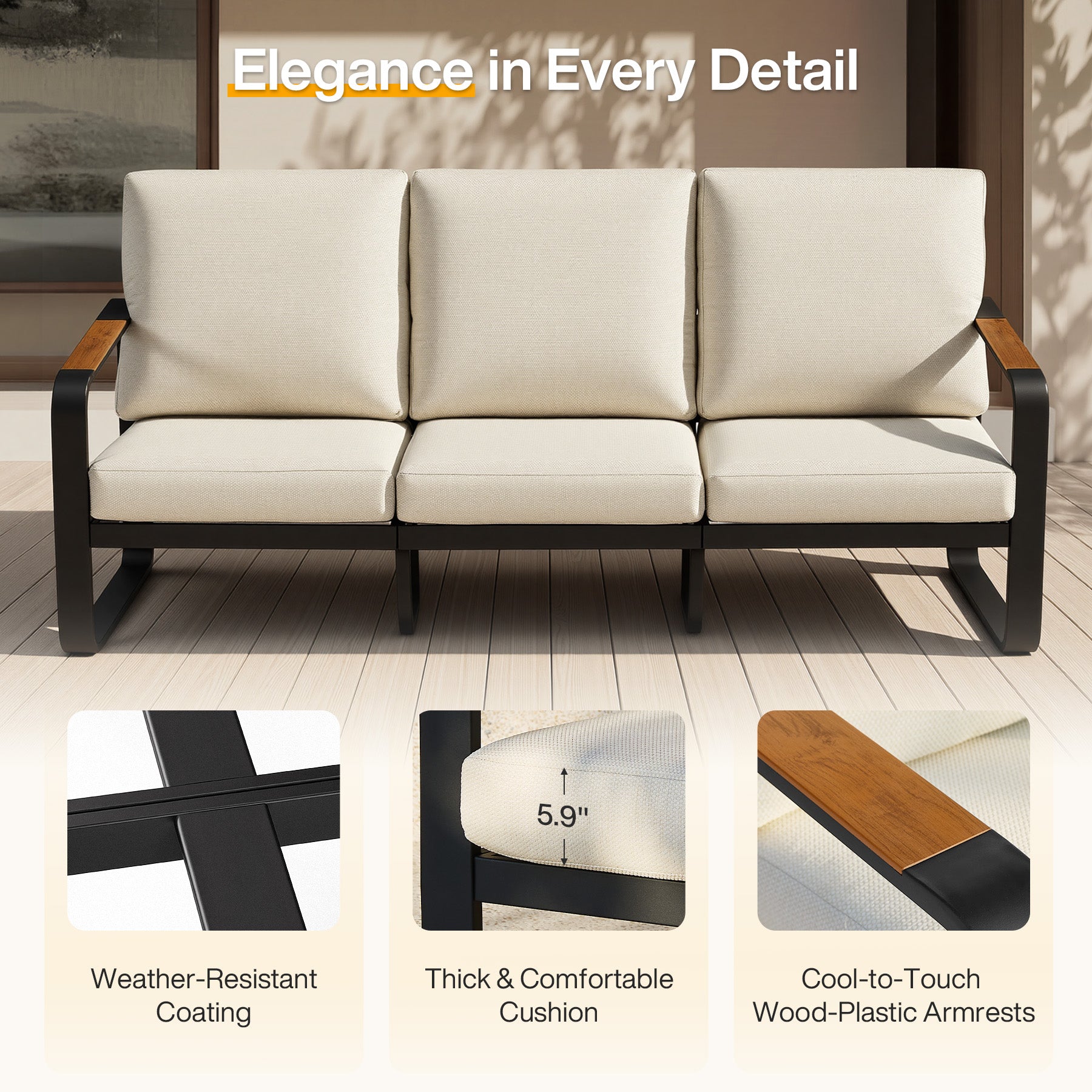 78.7" Wide Outdoor Bench, 3-Person Patio Sofa with Removable Cushions