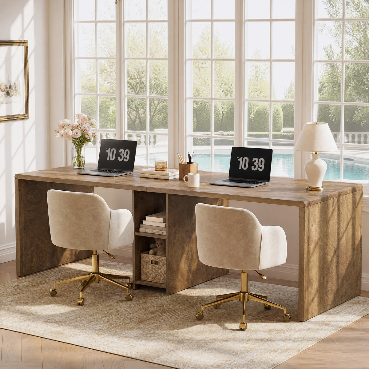 79" Double Desk for 2, Long Two Person Computer Desk with Shelves, Home Office