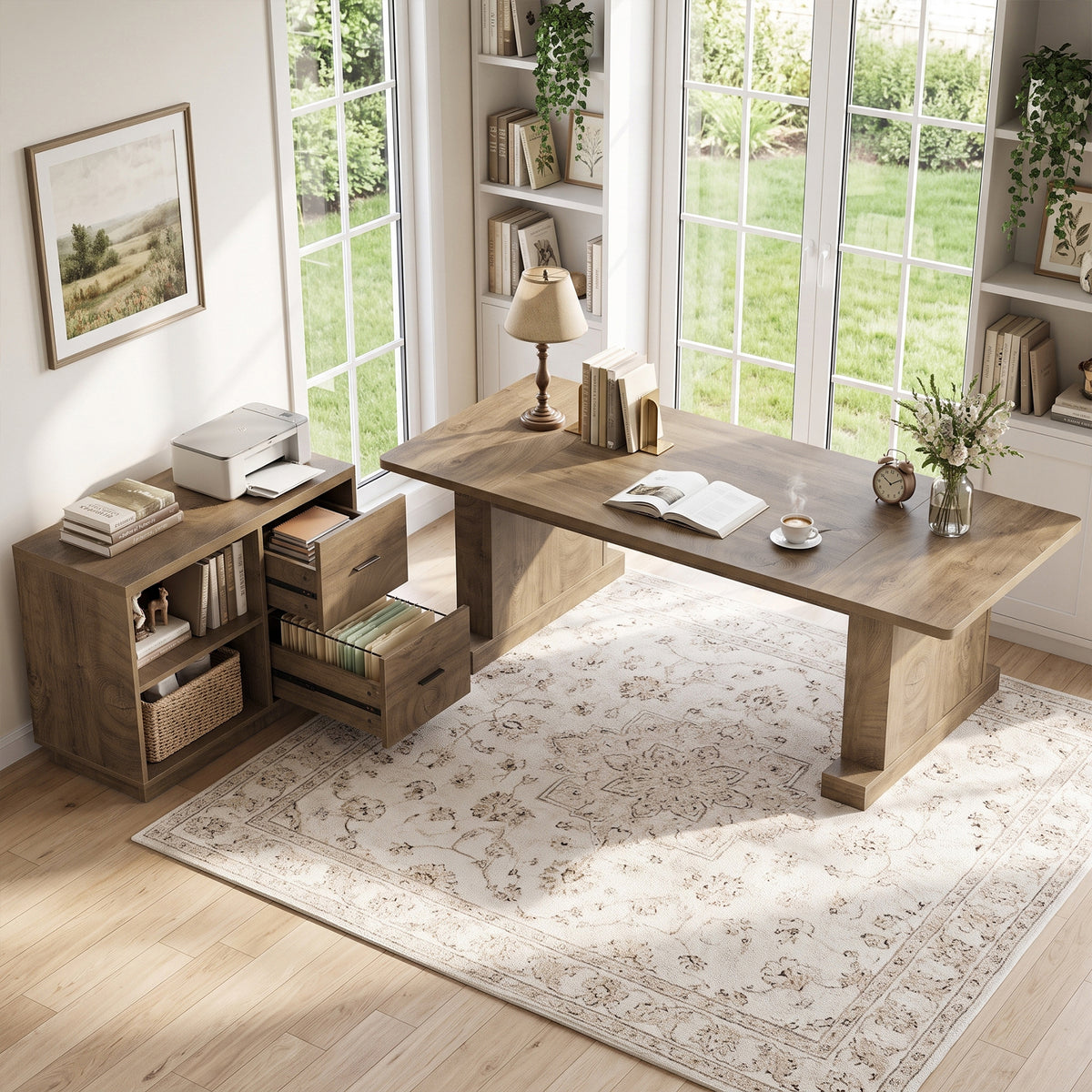 70" L-Shaped Office Desk with File Cabinet, 2 Drawers & 2 Storage Cubes, Home Office