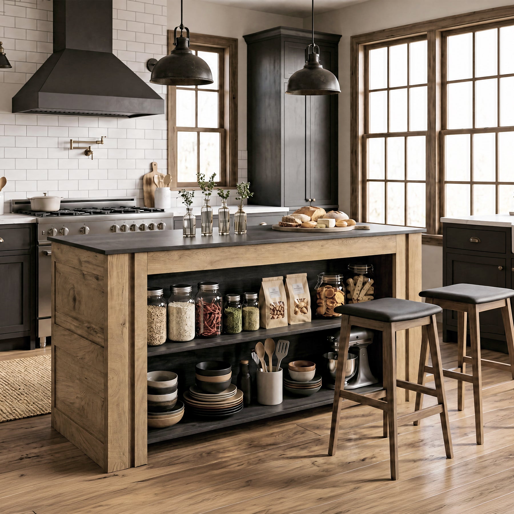 59" Kitchen Island, 3-Tier Farmhouse Coffee Bar Table with Large Worktop & Storage