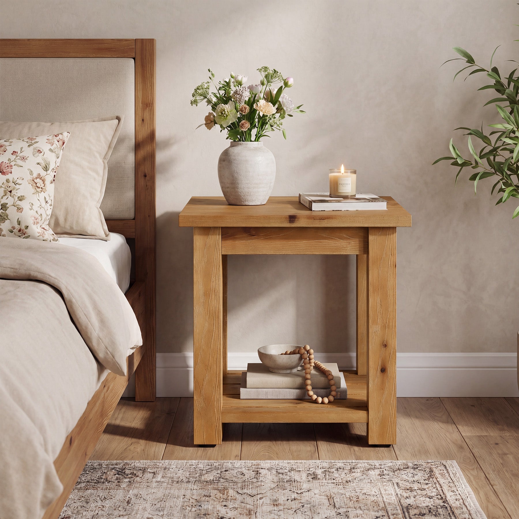 19.7" Solid Wood End Table, Square Side Table with Storage Shelves for Living Room