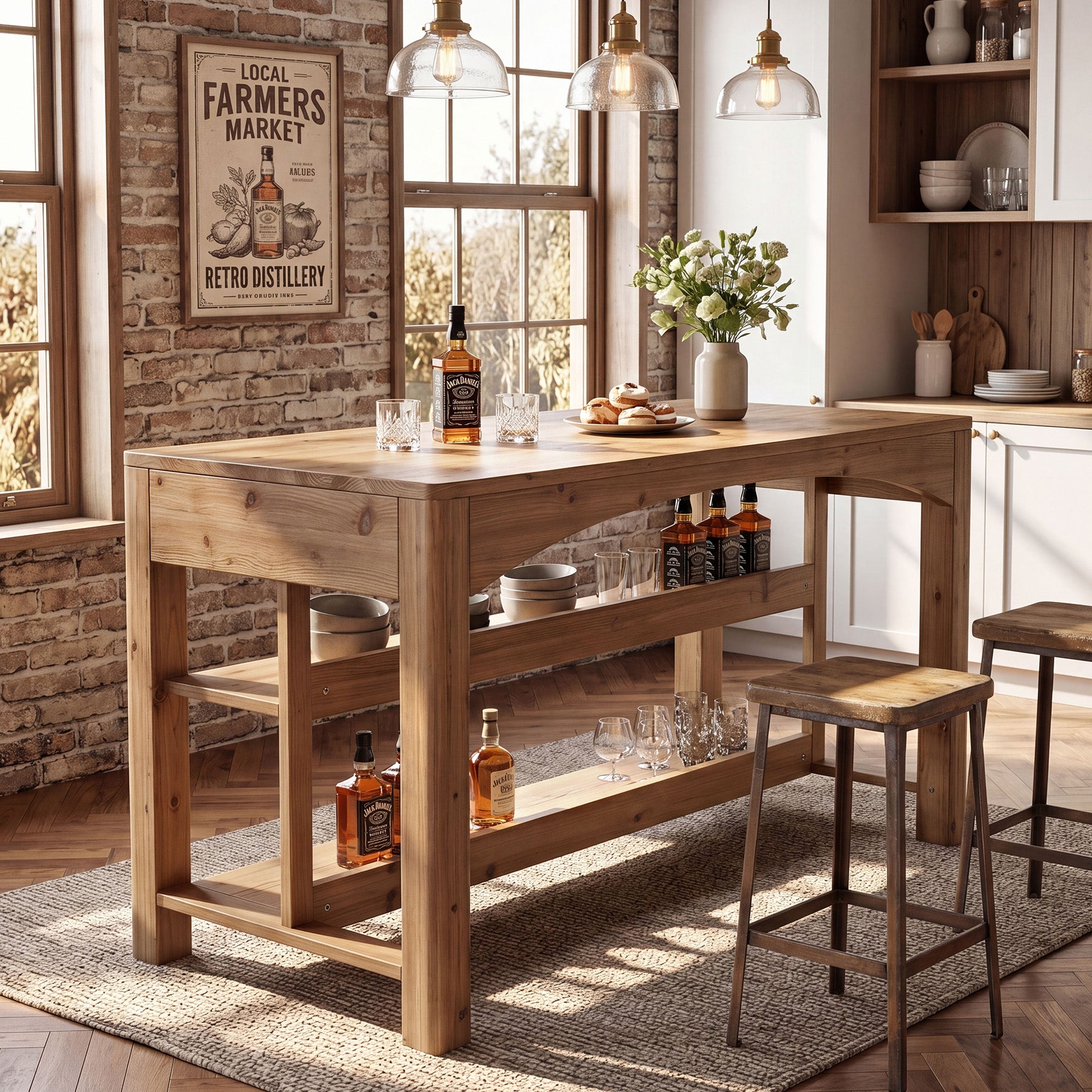 Tribesigns 59-Inch Kitchen Island, Solid Wood Island Table with 3-Tier Storage for Kitchen Dining Room