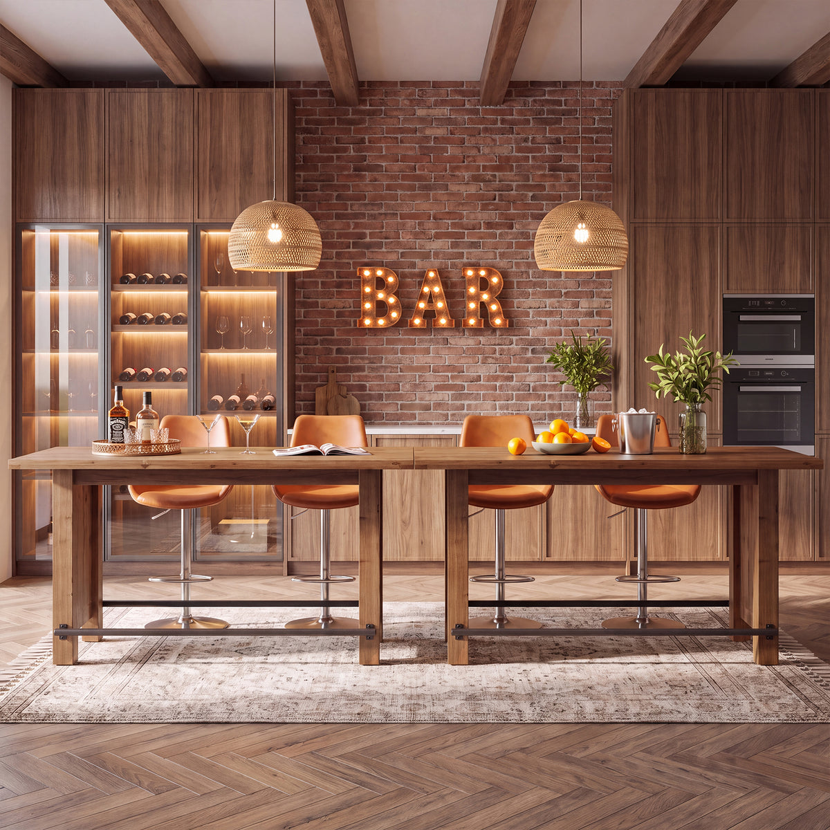 63" Solid Wood Counter Height Bar Table with Footrest, Rectangular Pub Table