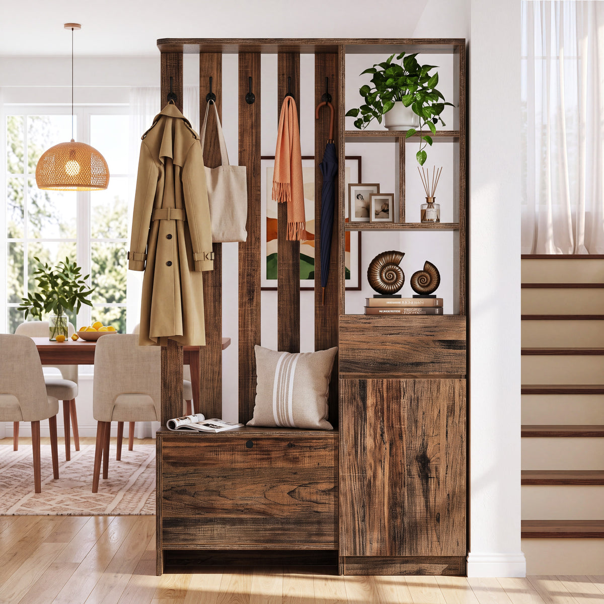 71" Farmhouse Hall Tree with Bench & Shoe Storage, 5 Double Hooks & 2 Drawers