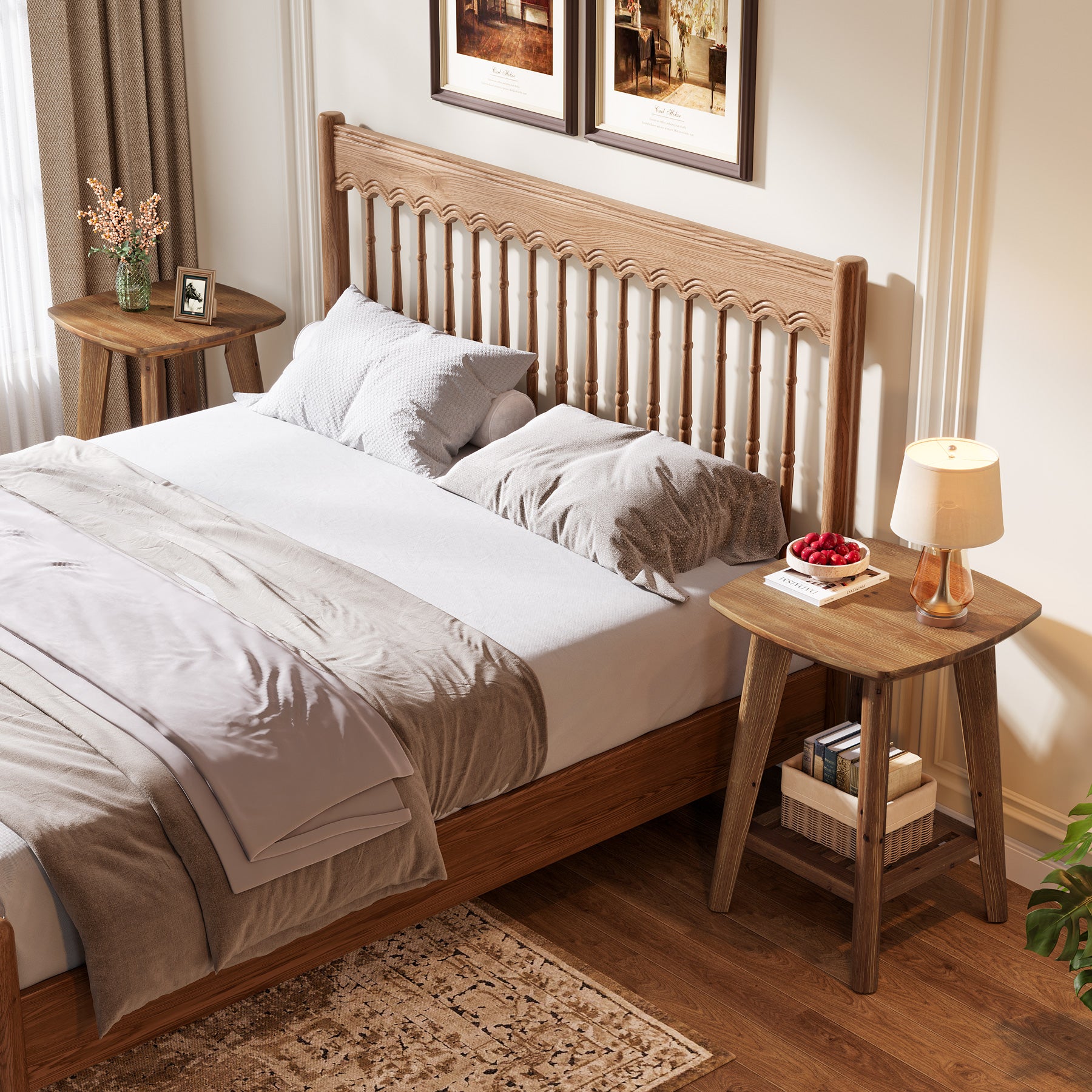 19.69" Square Side Table with 2-Tier Storage Shelf, Solid Wood End Table for Living Room and Sofa Side