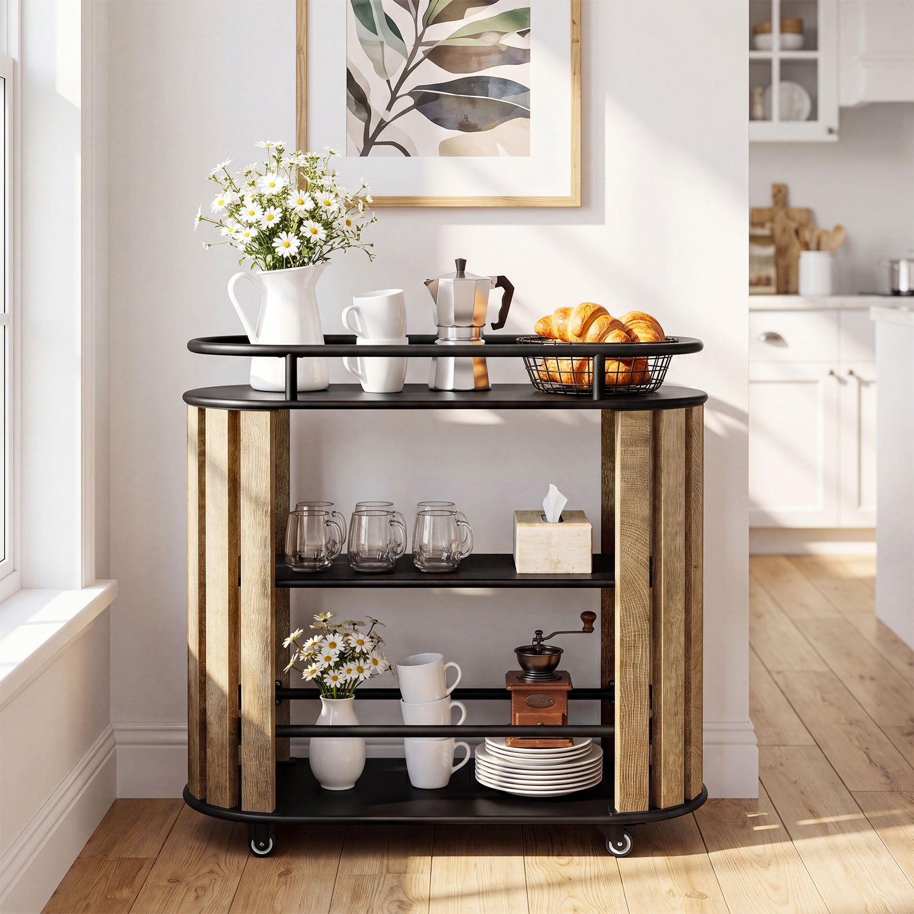 Tribesigns 35.43-Inch 3-Tier Bar Cart with Wheels and Metal Frame, Industrial Rolling Serving Cart for Kitchen