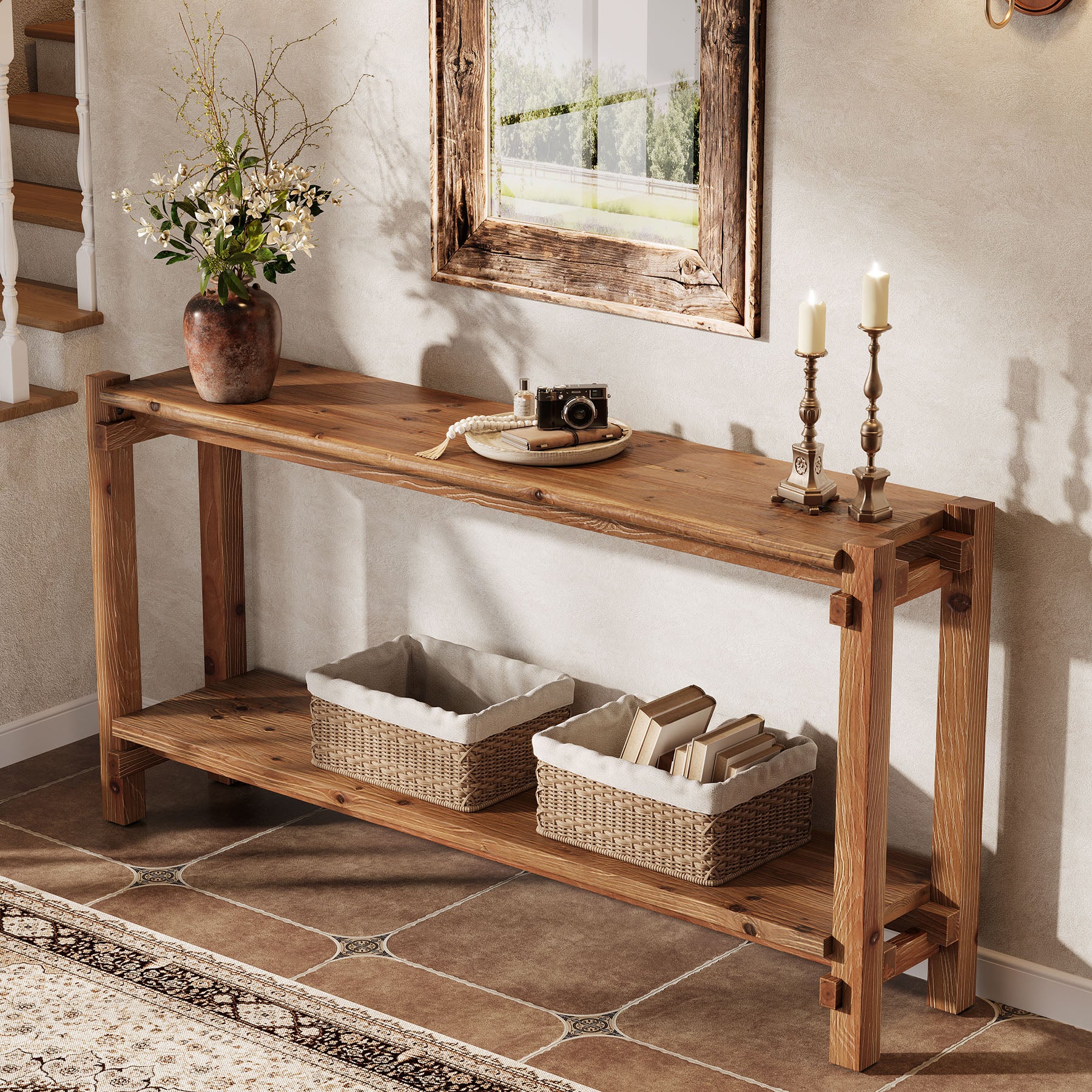63" Solid Wood Console Table, 2-Tier Farmhouse Entryway Table with Storage