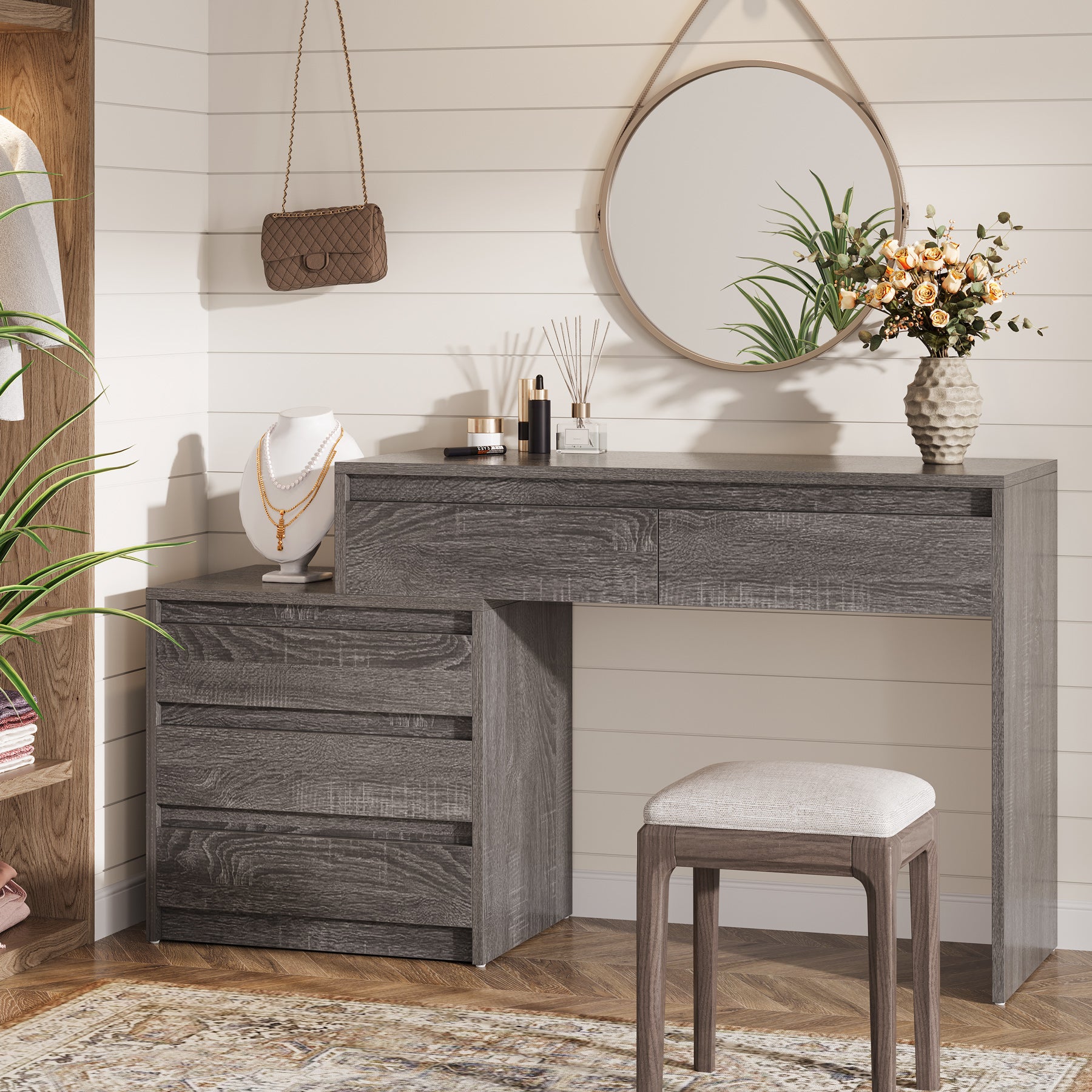 5-Drawer Makeup Vanity Desk, Modern Dressing Table with Cabinet