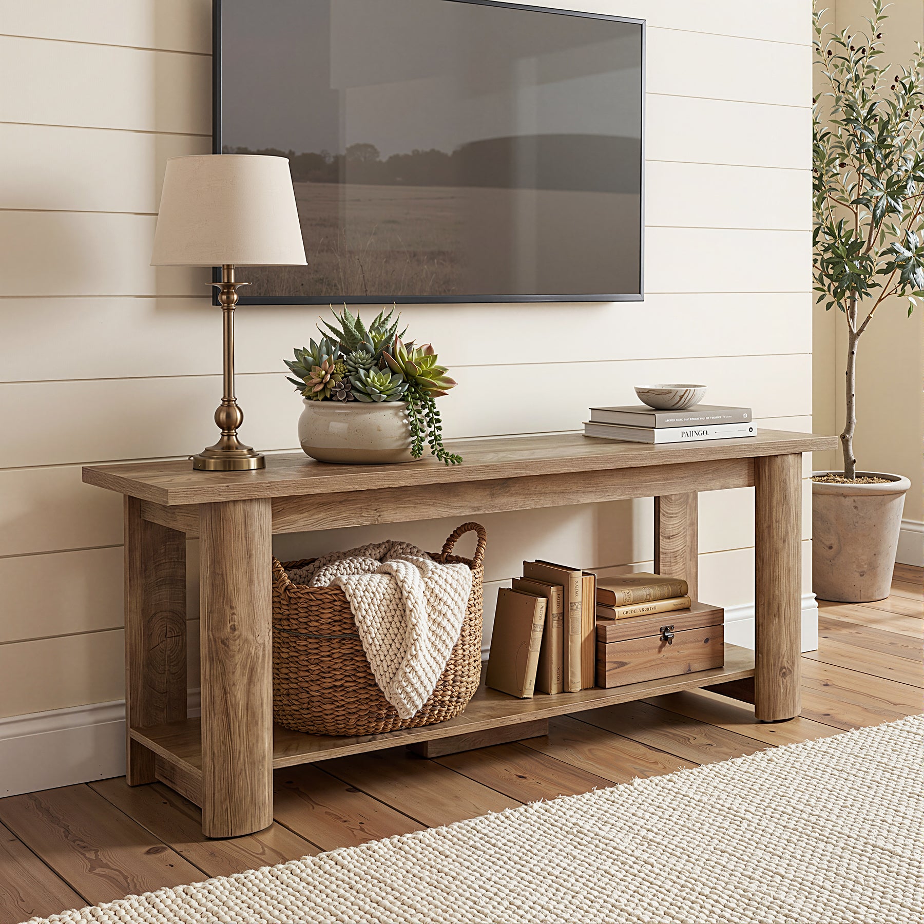Farmhouse TV Stand for up to 65" TVs, Rustic Entertainment Center with 2-Tier Open Storage