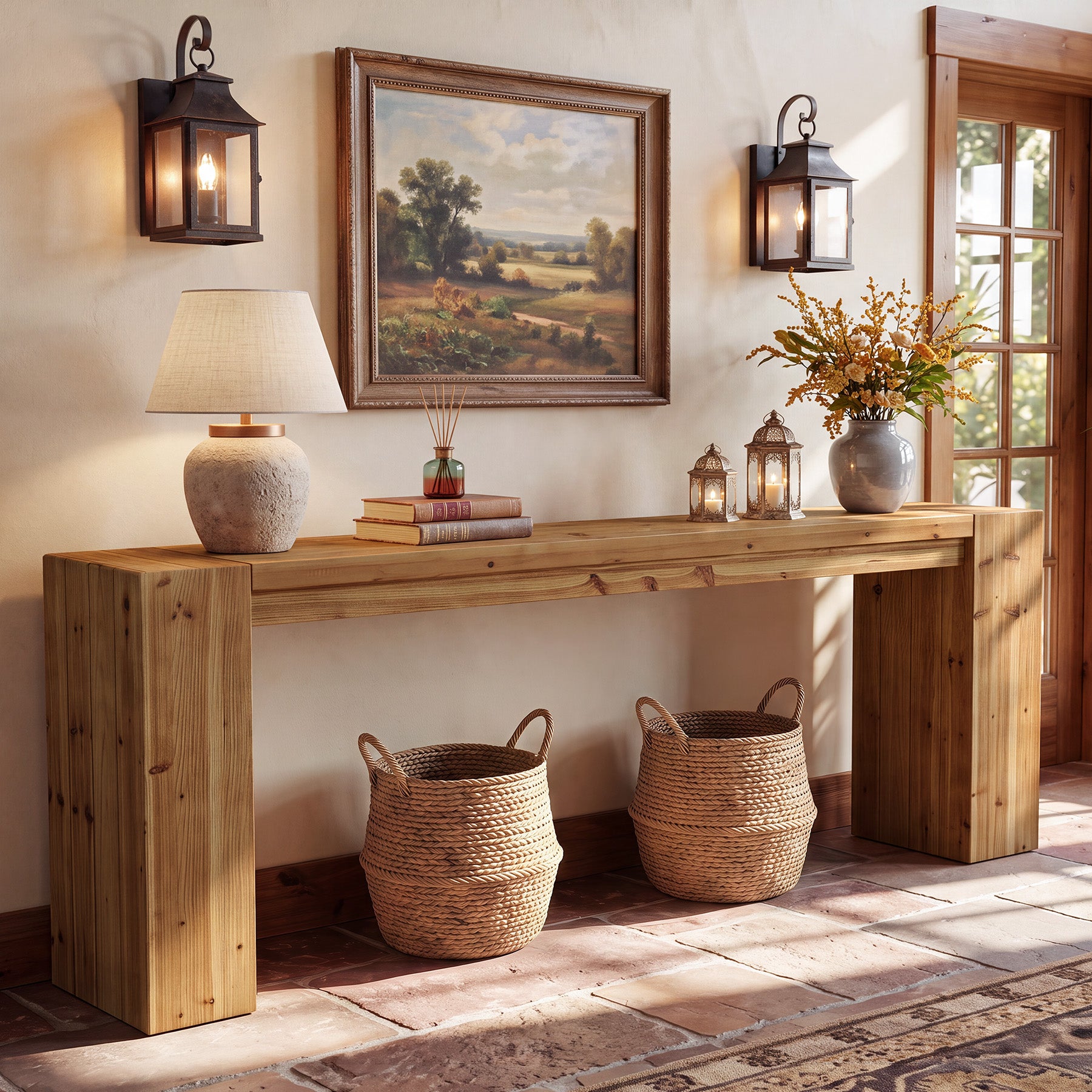 79" Extra Long Console Table, Solid Wood Narrow Sofa Table, Farmhouse Chunky Legs, Entryway