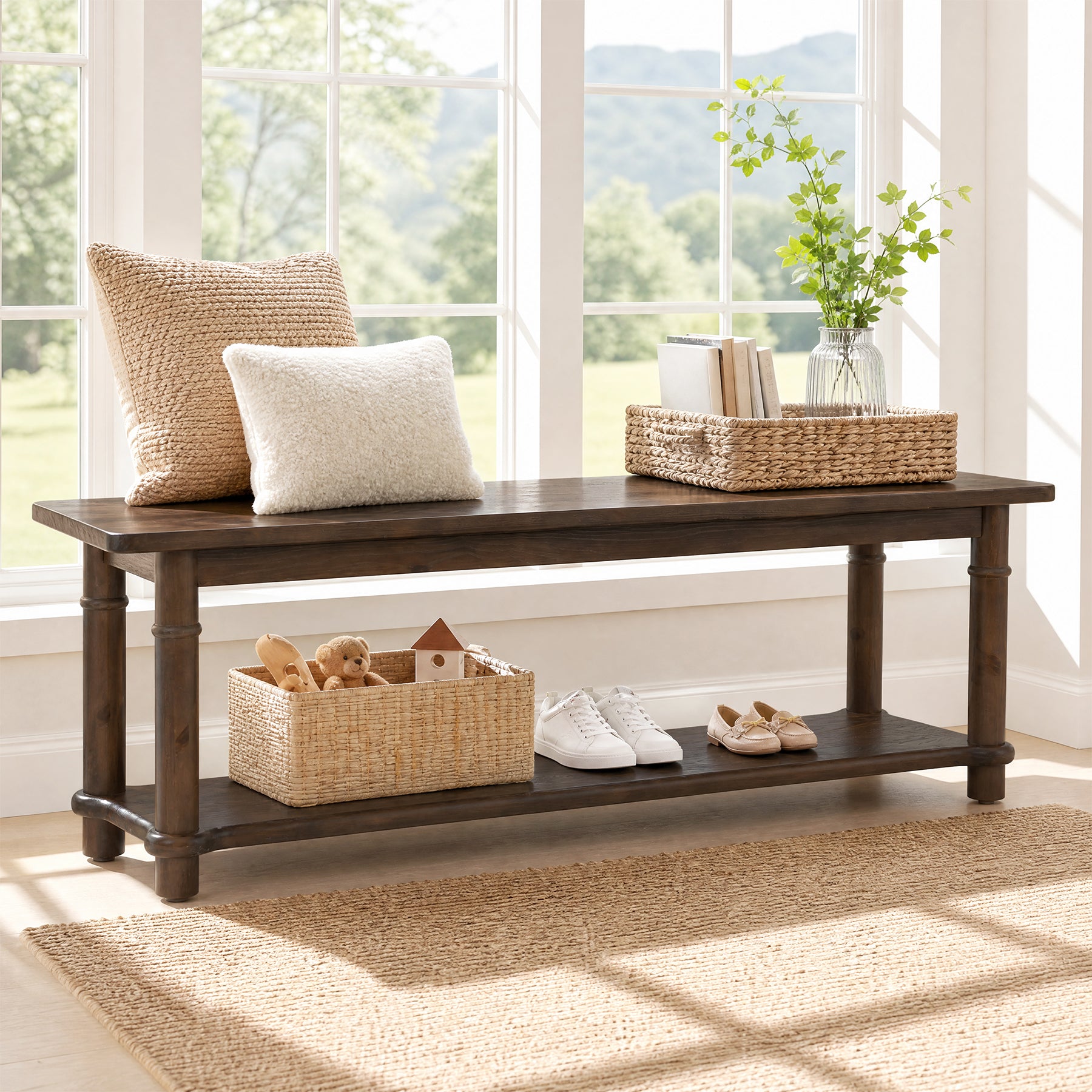 55" Farmhouse Entryway Bench with Open Shelf, 2-Tier Solid Wood Shoe Bench, Hallway