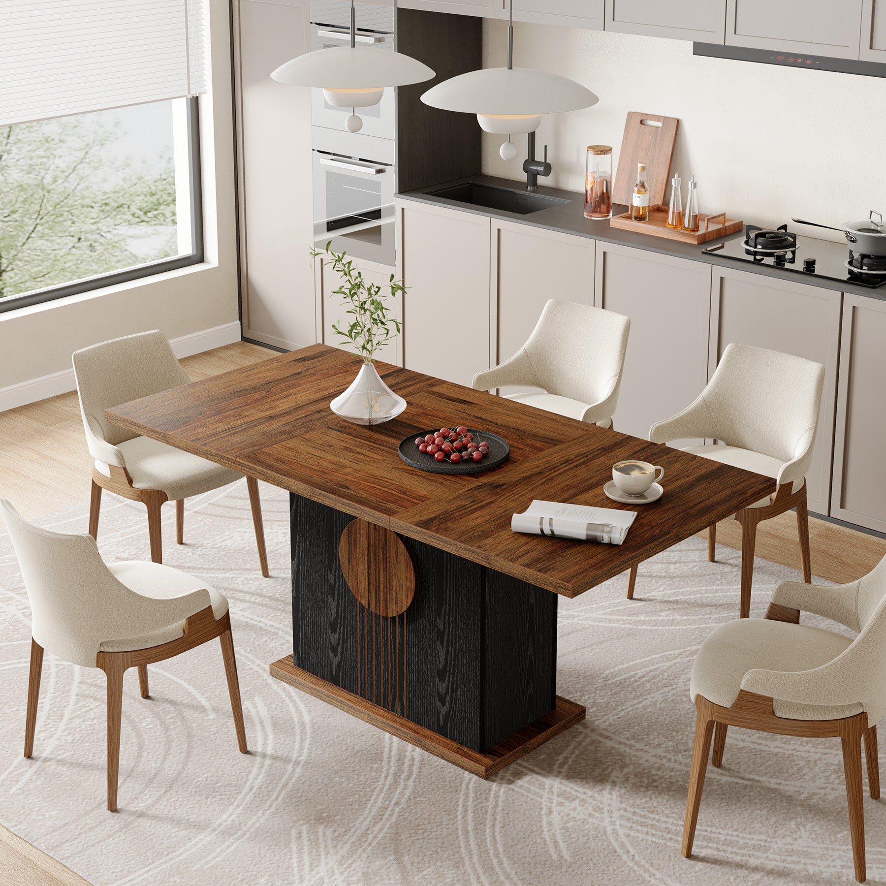 55" Rectangular Dining Table for 4–6 People, Farmhouse Wood Kitchen Table