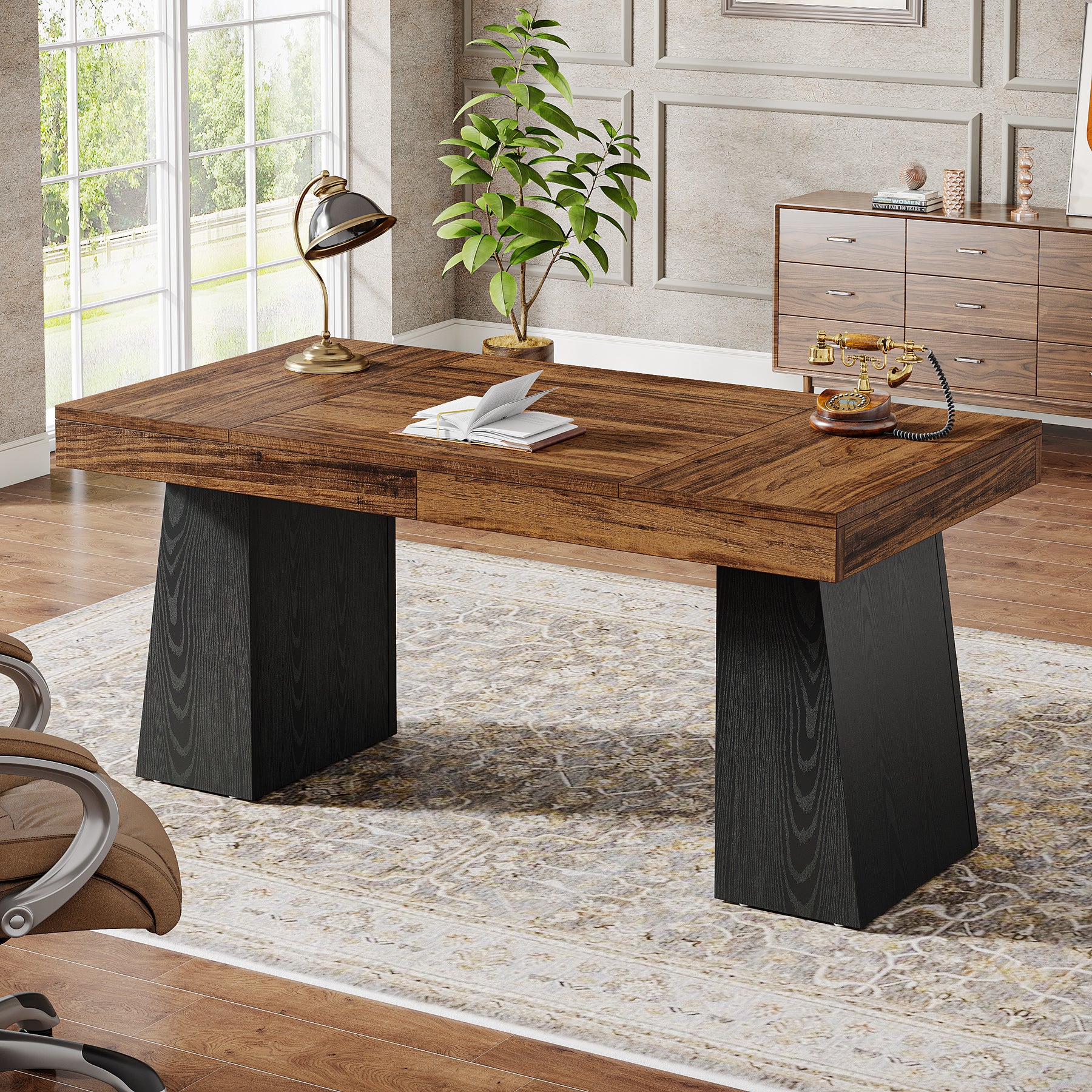 55" Executive Office Desk with Double Trapezoid Base, Modern Wooden Computer Desk for Home Office