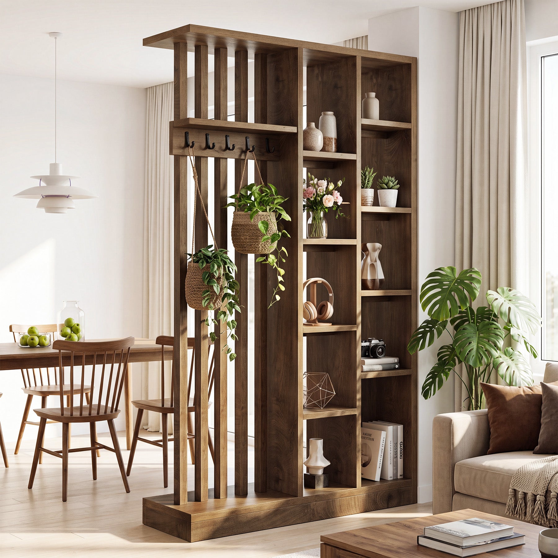 70.9" Wall Room Divider, Freestanding Privacy Screen Partition with Shelves & Coat Hooks