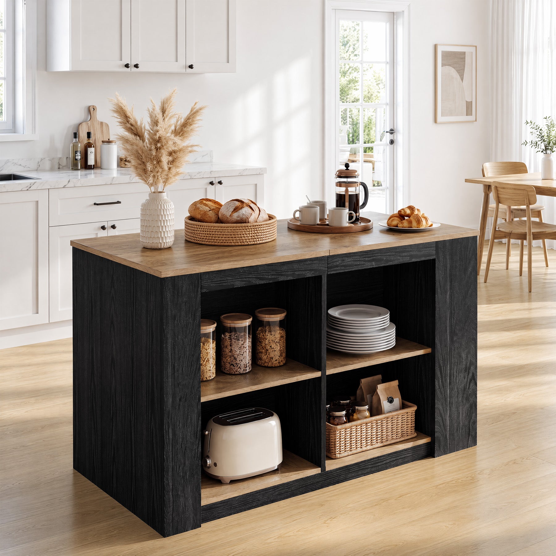 55" Two-Tone Kitchen Island with Storage Shelves, Large Worktop Dining Table
