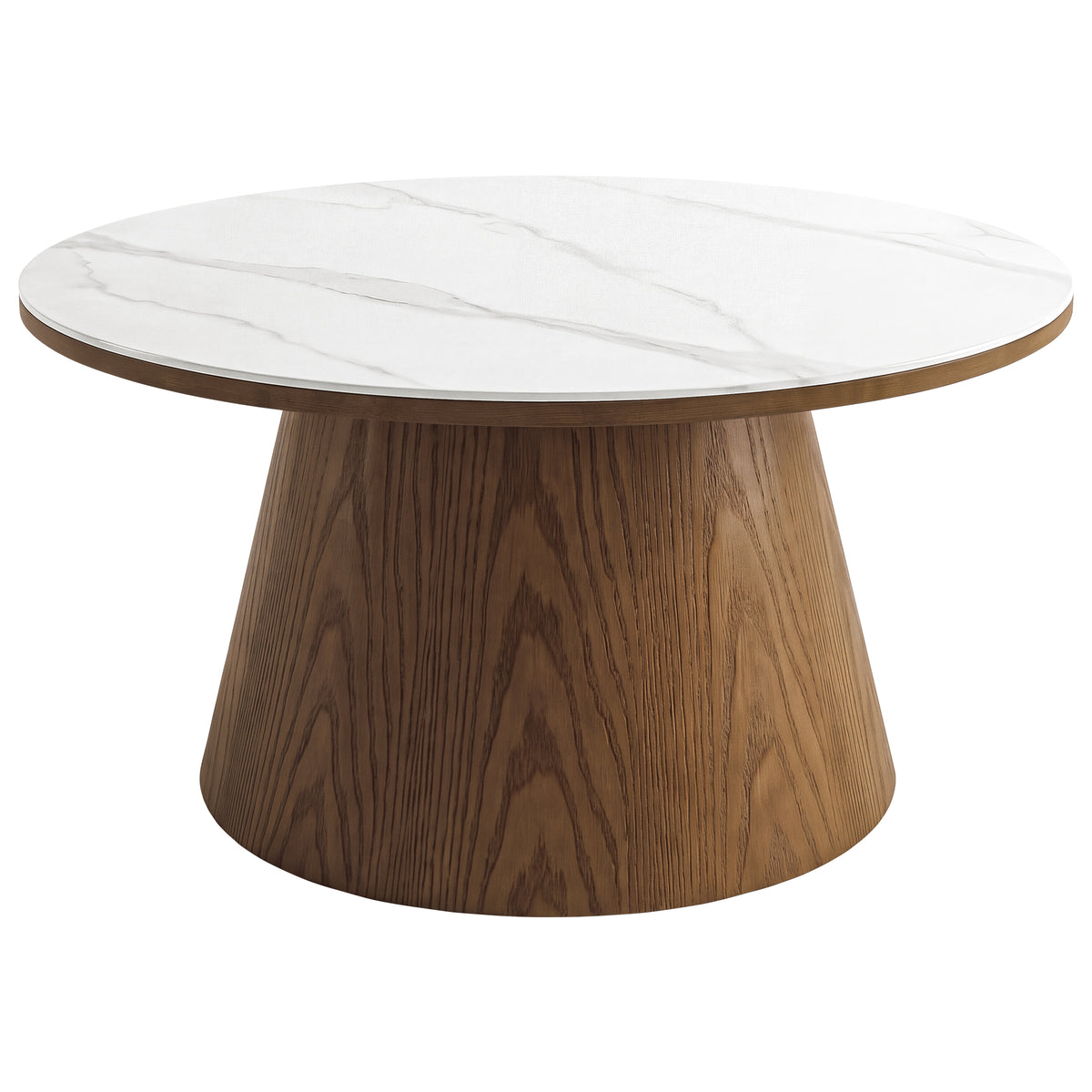 32" Round Coffee Table with Sintered Stone Top, Sculptural Solid Wood Pedestal Base